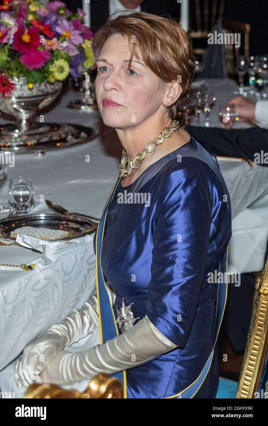 Svezia, Stoccolma. 07/09/2021, la moglie del Presidente federale Elke Büdenbender partecipa a una cena in onore del Presidente federale e di sua moglie al Palazzo reale. Il presidente Steinmeier e sua moglie sono in visita di Stato di tre giorni in Svezia su invito della coppia reale svedese. Stoccolma, Svezia, 7 settembre 2021. Foto di Robert Eklung/Stella Pictures/ABACAPRESS.COM Foto Stock