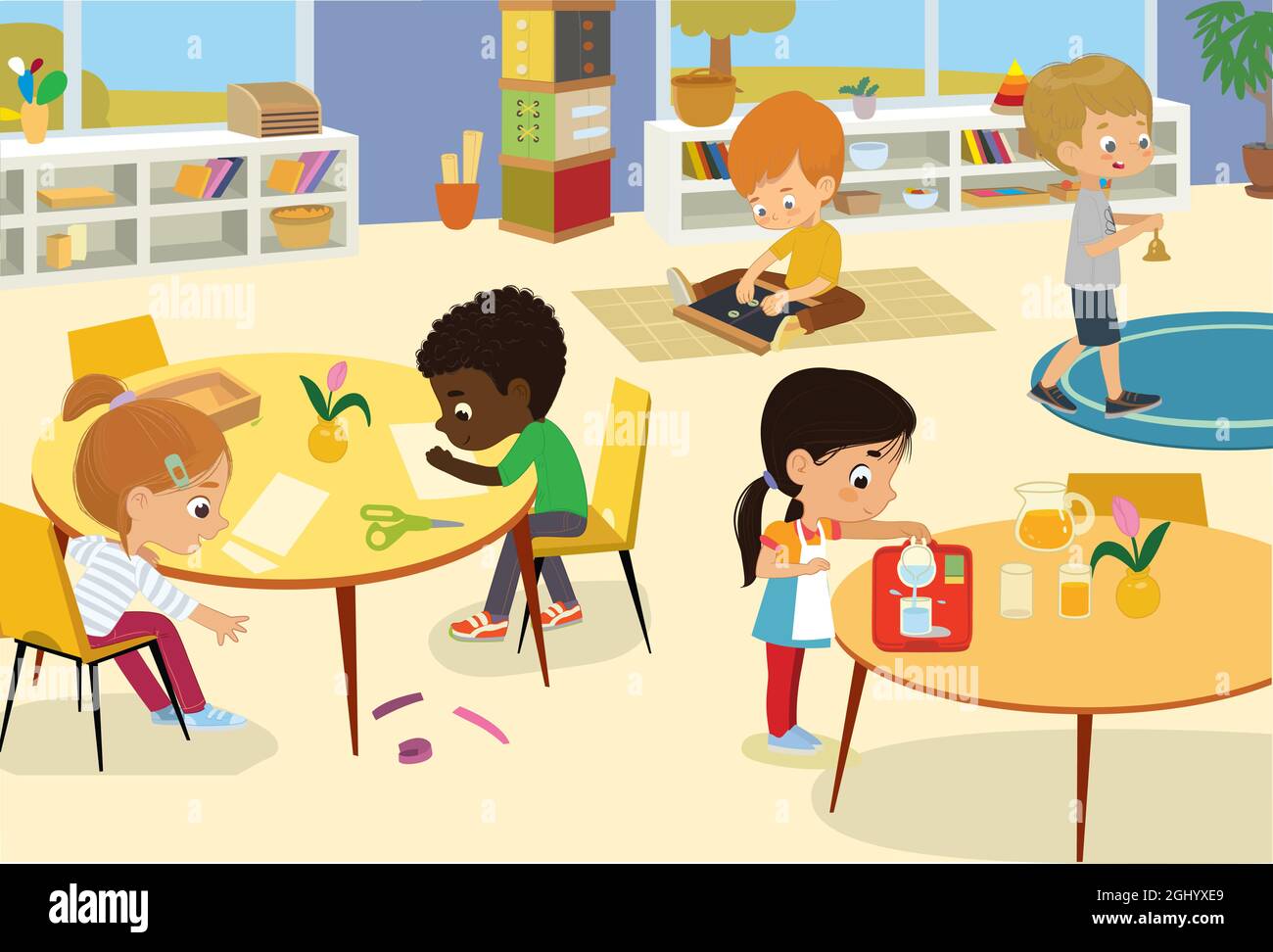 Classe prescolare. Illustrazioni di bambini nella sala giochi, ragazzi e ragazze coinvolti in attività, cucire, fare un collage, versare acqua, camminare con il Illustrazione Vettoriale