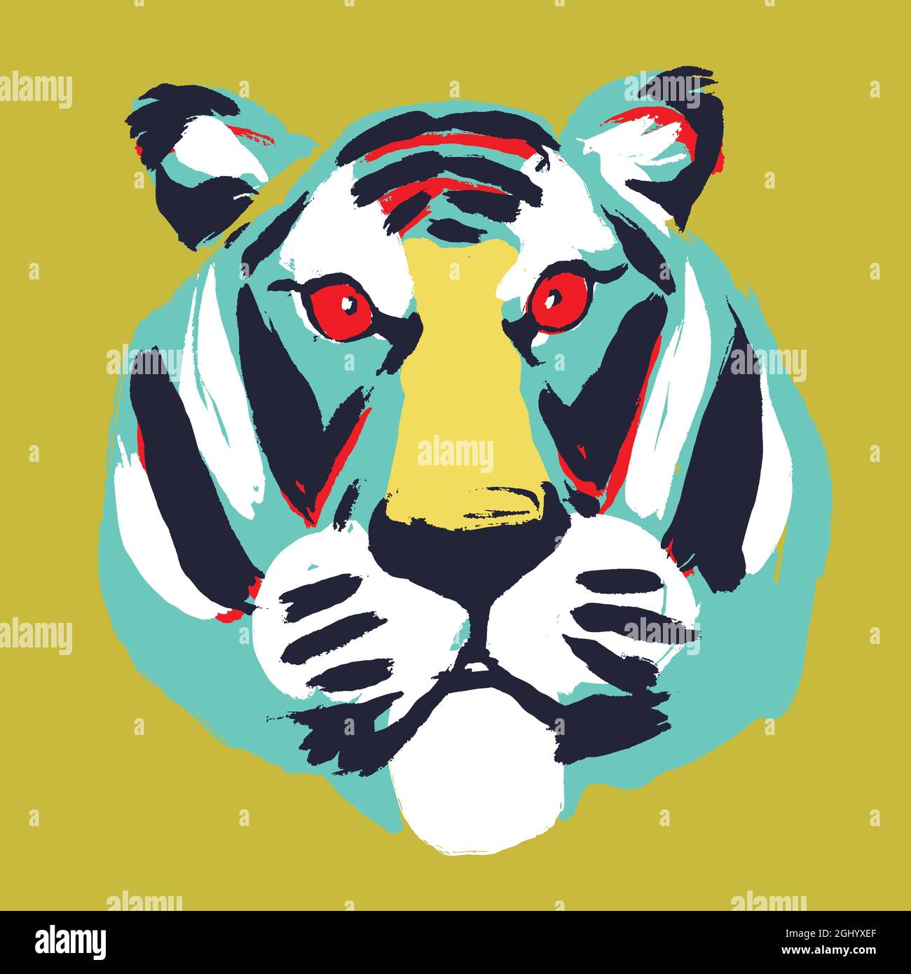 Astratto disegno trendy di una tigre. Testa colorata di una tigre. Isolato. Tiger - un simbolo di 2022. Tyger il gatto - stampa tshirt Illustrazione Vettoriale