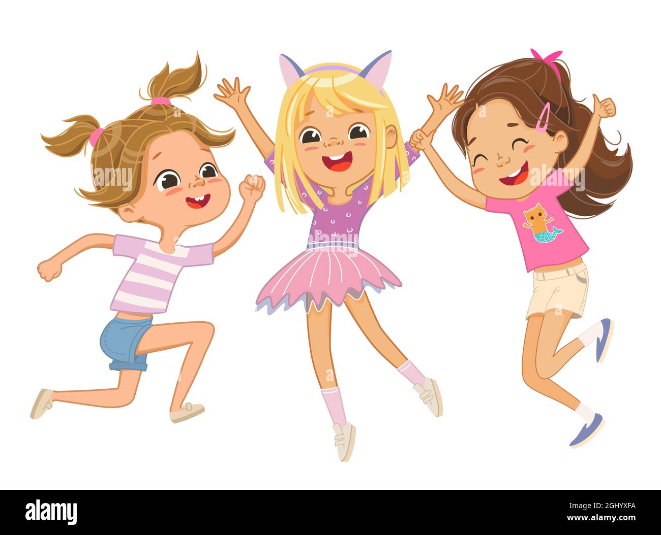 Cute felice ragazze caucasiche giocare insieme, saltare e ballare divertimento sullo sfondo. Ragazze ridenti, sfondo vettoriale per poster, copertina, ecc. Illustrazione Vettoriale