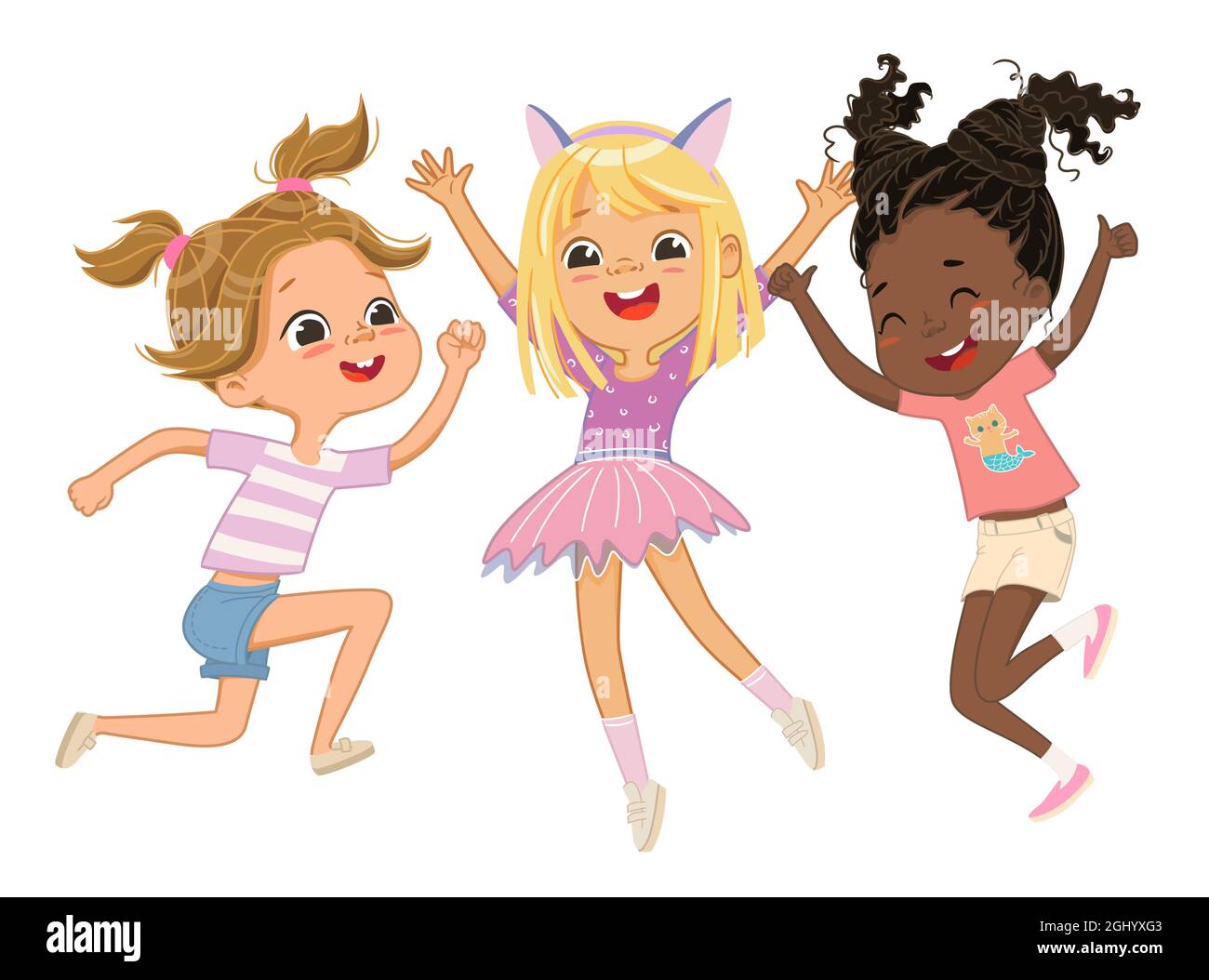 Cute allegra le ragazze multurali giocano insieme, saltando e ballando il divertimento sullo sfondo. Ragazze ridenti, sfondo vettoriale per poster, copertina, ecc. Illustrazione Vettoriale