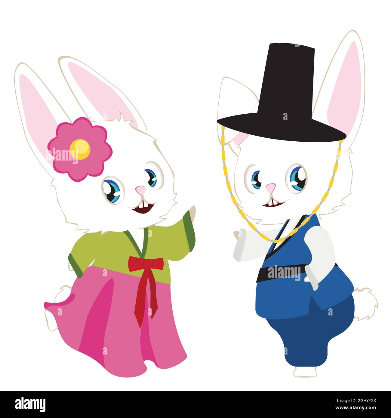 Carino fumetto bianco coniglietto coppia indossa tradizionale coreano costume Hanbok per Chuseok, Mid Autumn Festival. Illustrazione Vettoriale