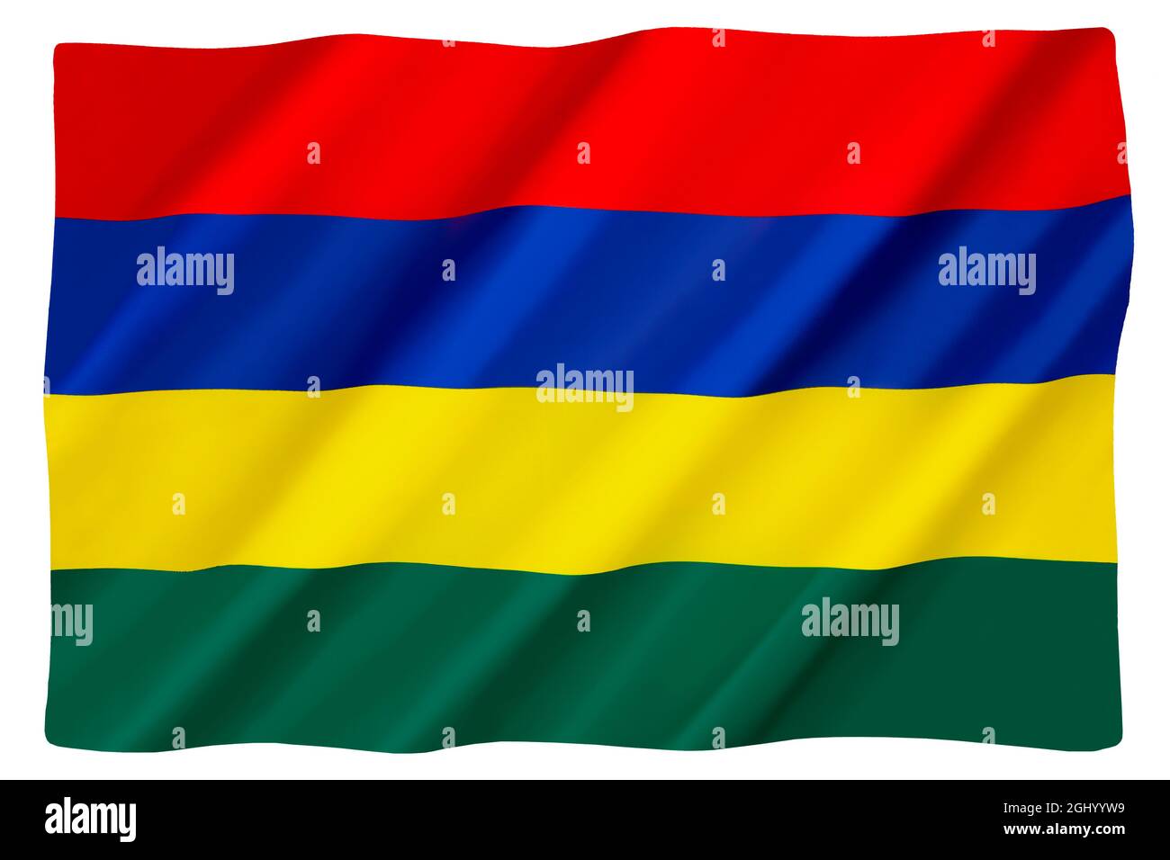 La bandiera nazionale di Mauritius, conosciuta anche come Les Quatre Bandes. Adottato il 12 marzo 1968. Isolato su bianco per il taglio. Foto Stock