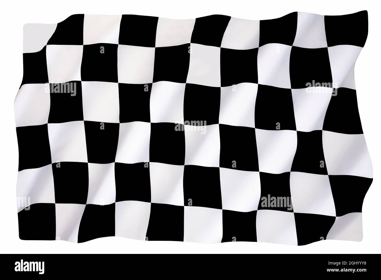 Chequered Flag - tradizionalmente utilizzato nelle corse automobilistiche e nei motorsport simili per indicare la fine di una gara. Il primo passato la bandiera a scacchi è la vittoria Foto Stock