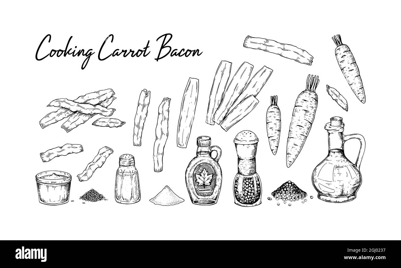 Set di ingredienti disegnati a mano per la cottura della carota a casa. Illustrazione vettoriale in stile di schizzo Illustrazione Vettoriale