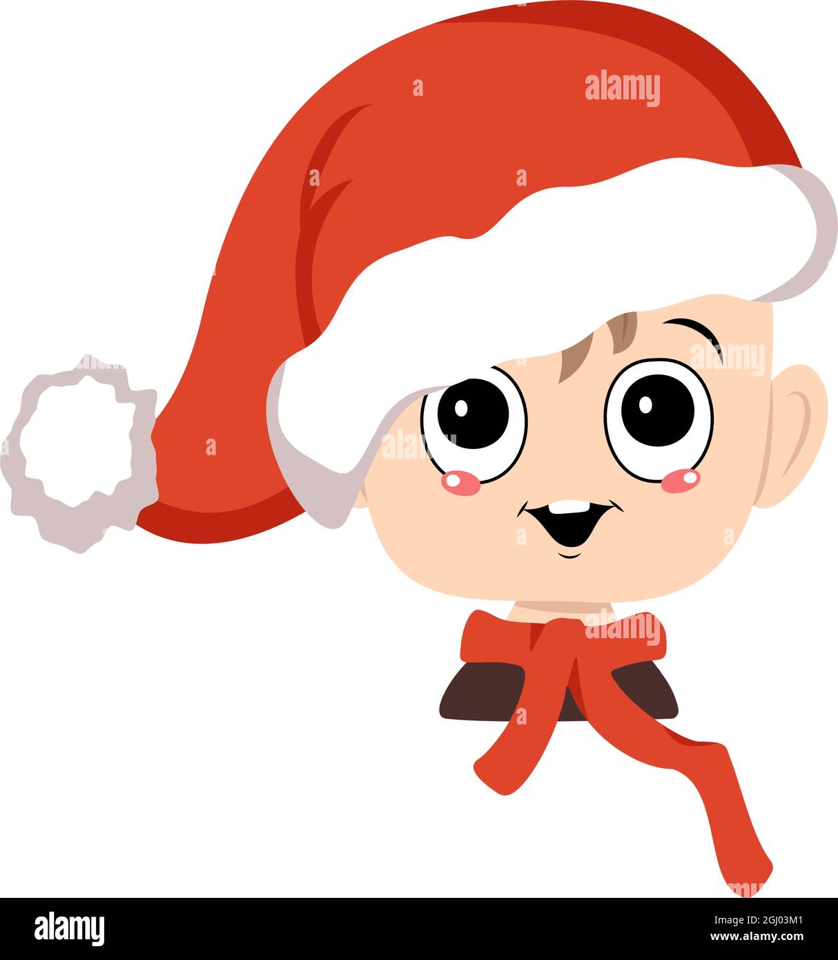 Avatar di un bambino con grandi occhi e un ampio sorriso felice in un cappello rosso di Santa. Carino ragazzo con un volto gioioso in un costume festivo per Capodanno e Natale. Testa di bambino adorabile con gioie emozioni Illustrazione Vettoriale