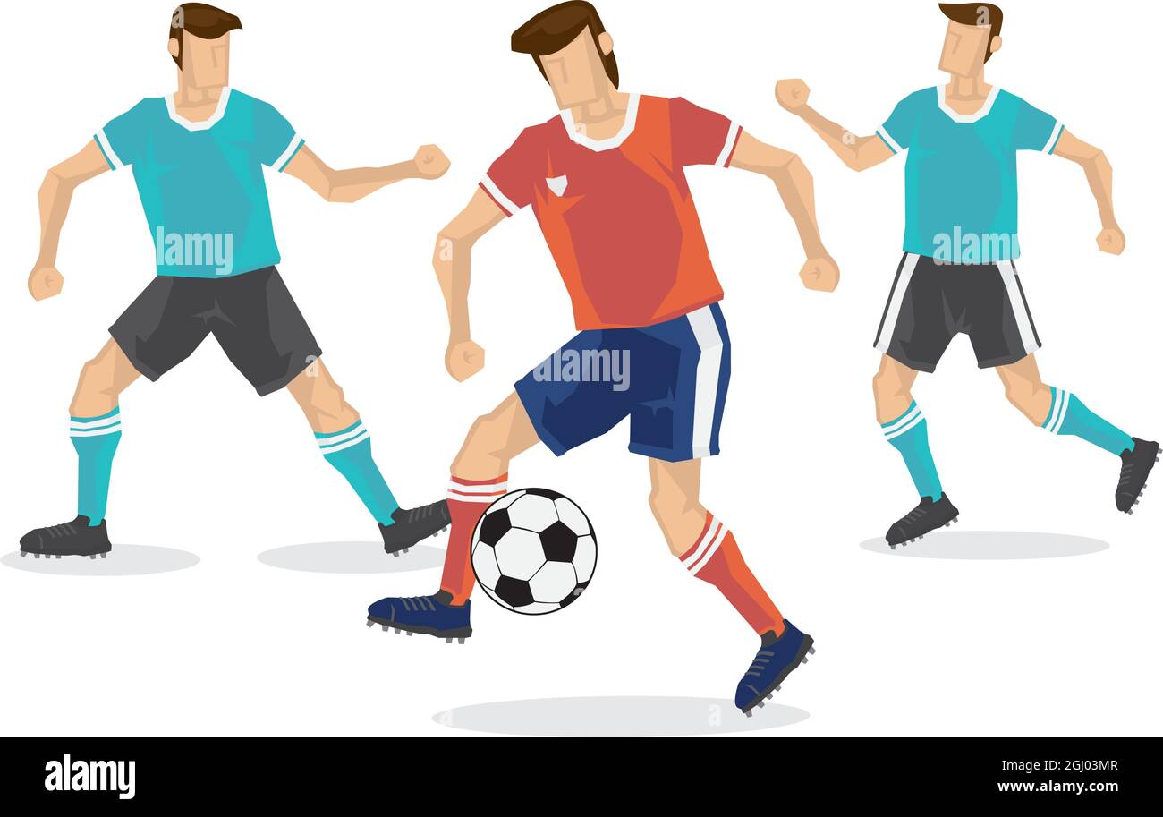Giocatore professionista di calcio che gioca con il suo concorrente. Illustrazione vettoriale cartoon isolata piatta. Illustrazione Vettoriale
