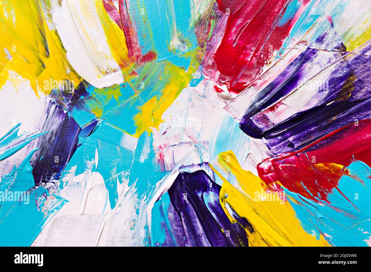 Colore astratto sfondo acrilico con tratti di mano blu, bianco, giallo e rosso Foto Stock