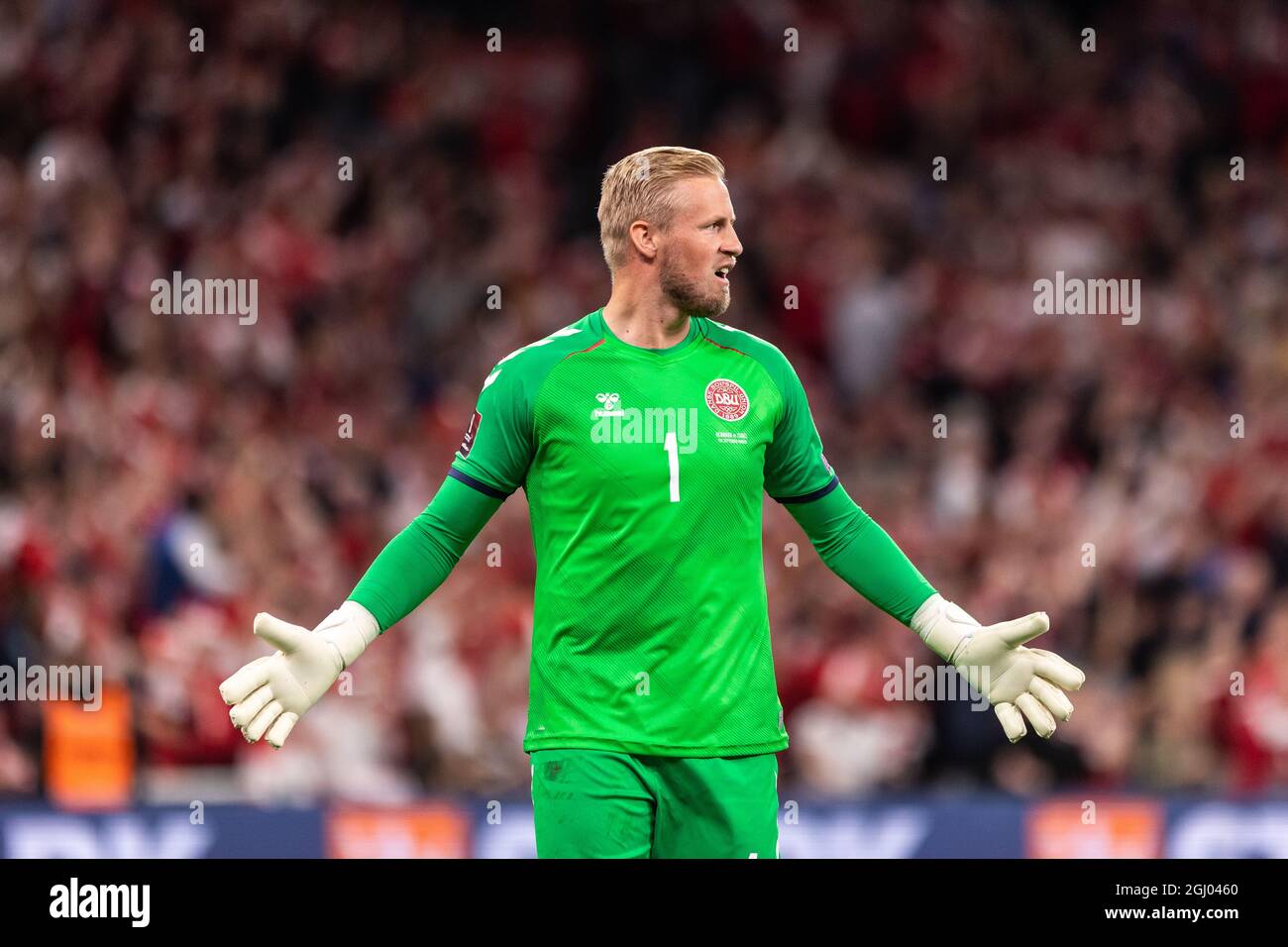 Copenaghen, Danimarca. 07 settembre 2021. Il portiere Kasper Schmeichel (1) della Danimarca ha visto durante la Coppa del mondo UEFA tra Danimarca e Israele al Parken di Copenaghen. (Photo Credit: Gonzales Photo/Alamy Live News Foto Stock