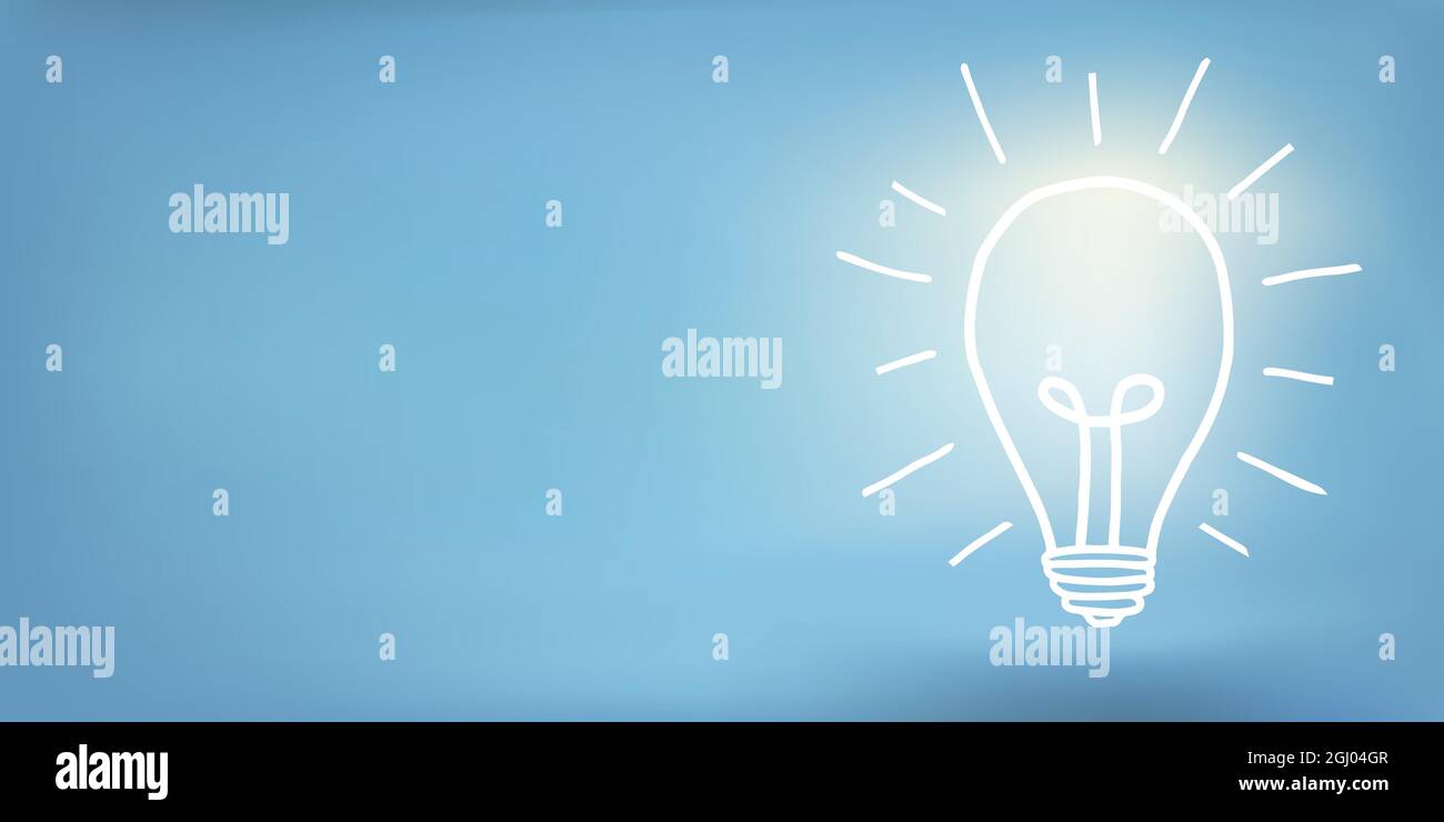 Banner con lampadina disegnata a mano e spazio copia su sfondo blu.concetto di innovazione - idea - creatività - invenzione - ispirazione - immaginazione. Illustrazione Vettoriale