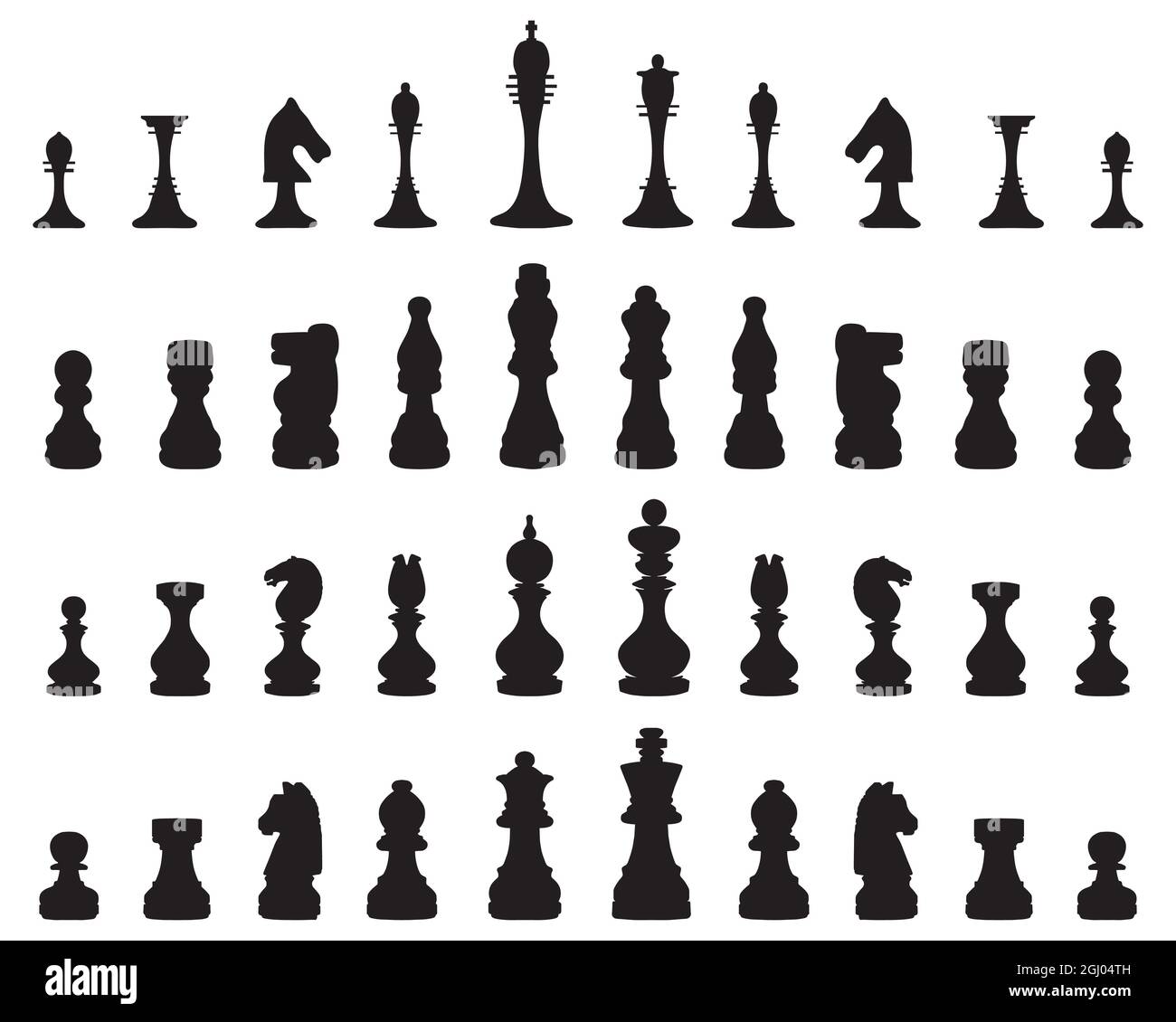 Silhouette nere di scacchi su sfondo bianco Foto Stock