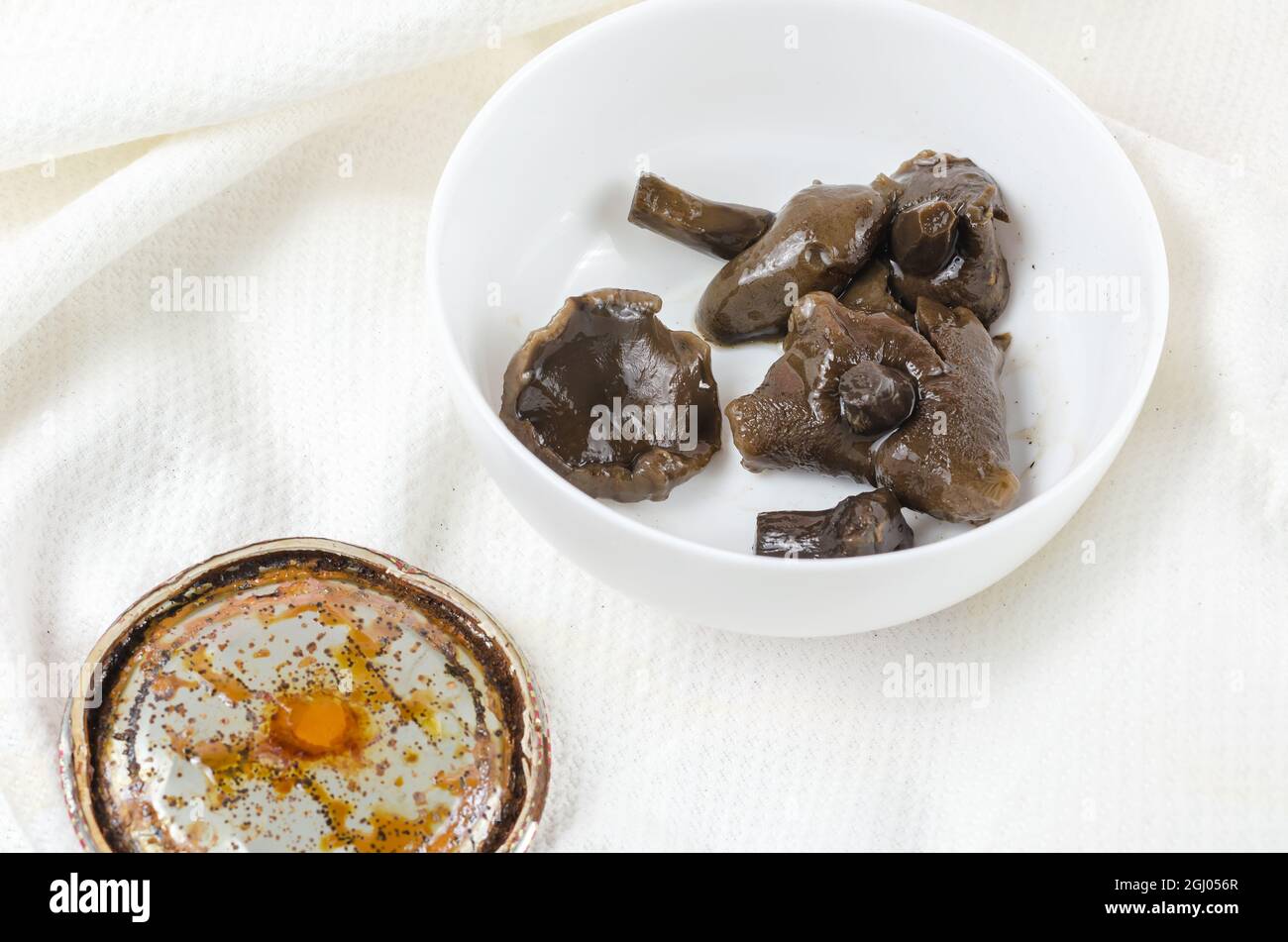 Botulismo, il pericolo di avvelenamento da cibo in scatola concetto. Foto Stock