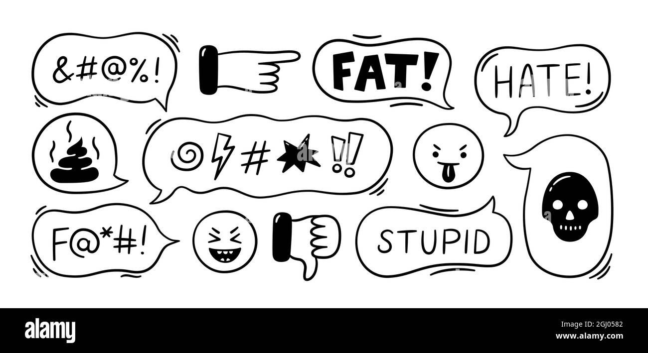 Fumetto con parole giurate. Situazione di bullismo, trolling, conflitto e violenza cibernetica. Recensioni negative, commenti, non mi piacciono. Illustrazione vettoriale Illustrazione Vettoriale