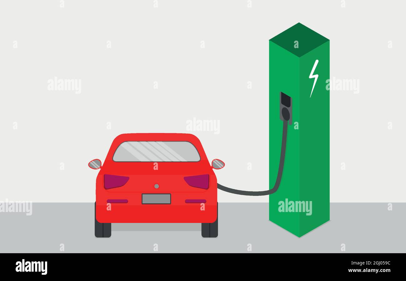 Stazione elettrica Smart con cavo di collegamento. E-motion per il trasporto futuro elettrificato. Illustrazione Vettoriale