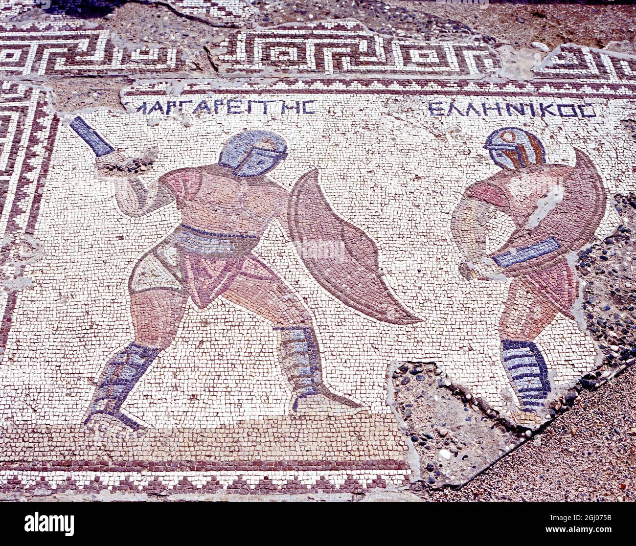 Mosaico di gladiatori nella casa dei gladiatori, Kourion (vicino Limassol), Cipro, Europa Foto Stock