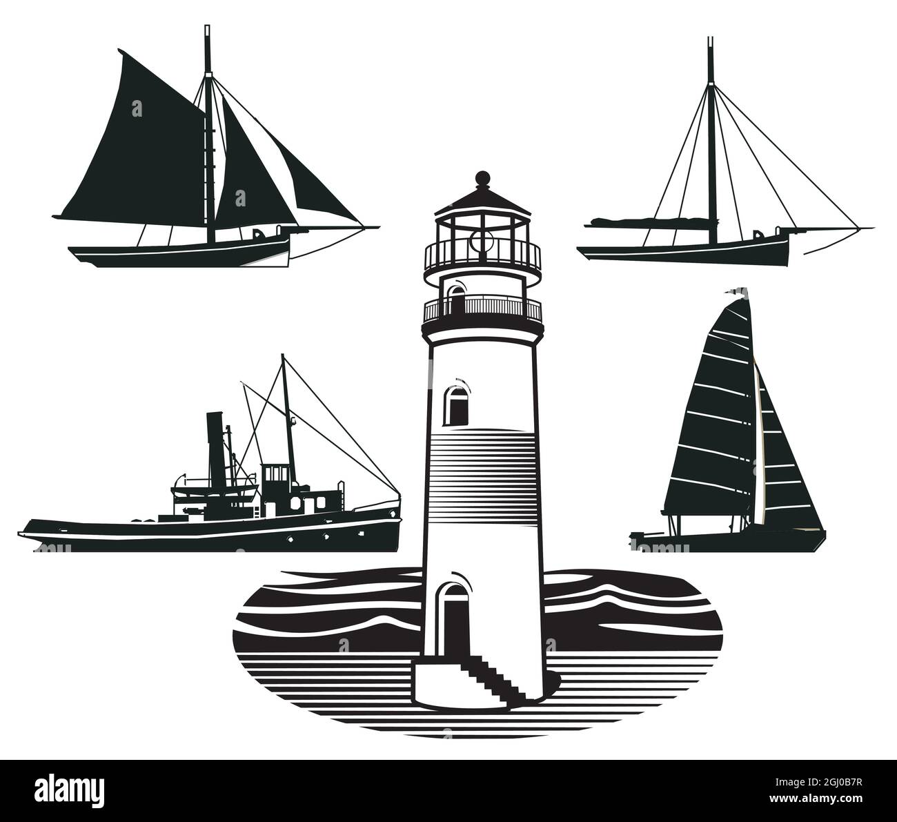 Faro con navi e navi a vela isolate su bianco, illustrazione Illustrazione Vettoriale
