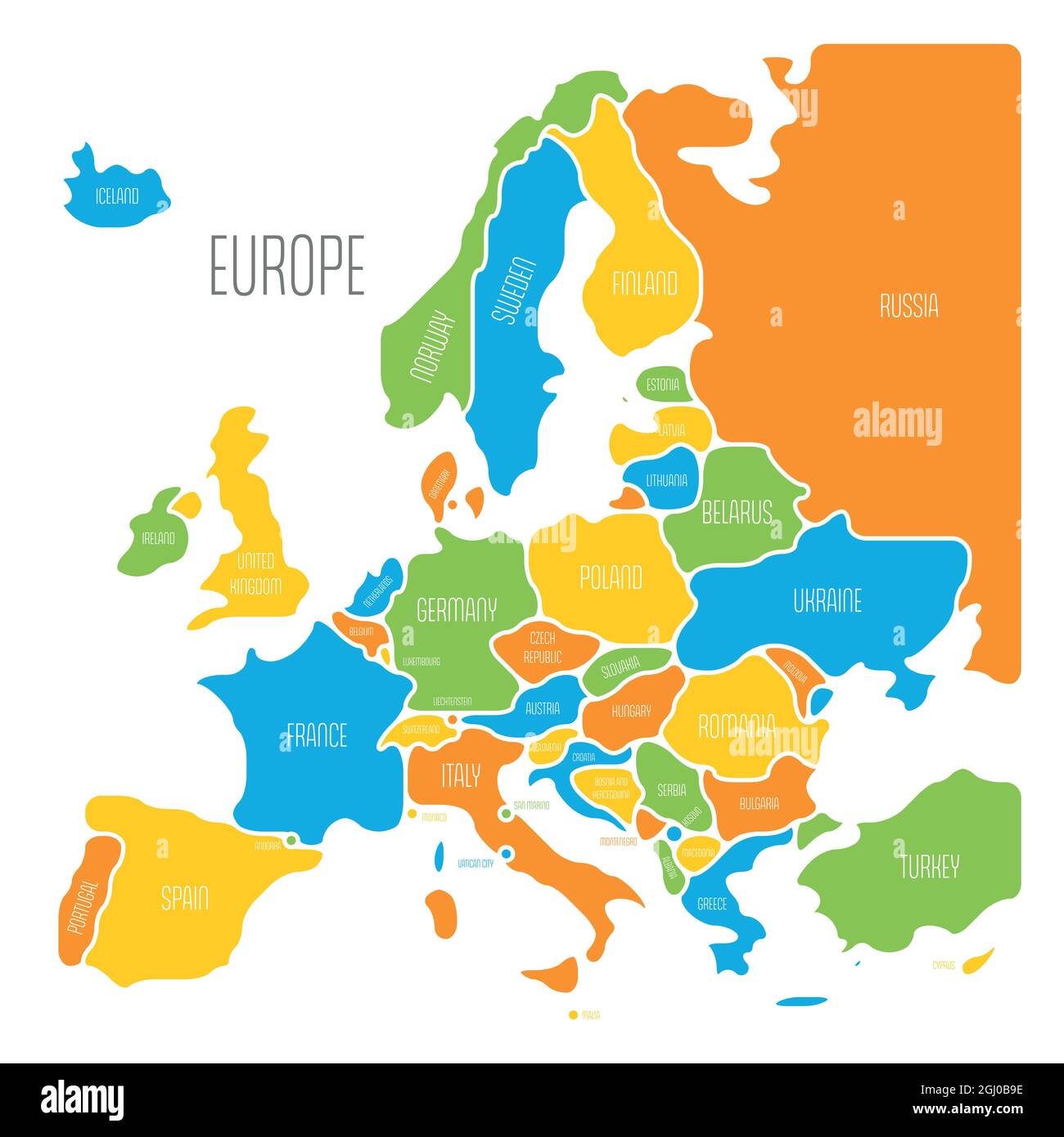 Carta semplificata dell'Europa. Forme arrotondate di stati con bordo smussato. Mappa vettoriale semplice e colorata con etichette per nomi di paesi. Illustrazione Vettoriale