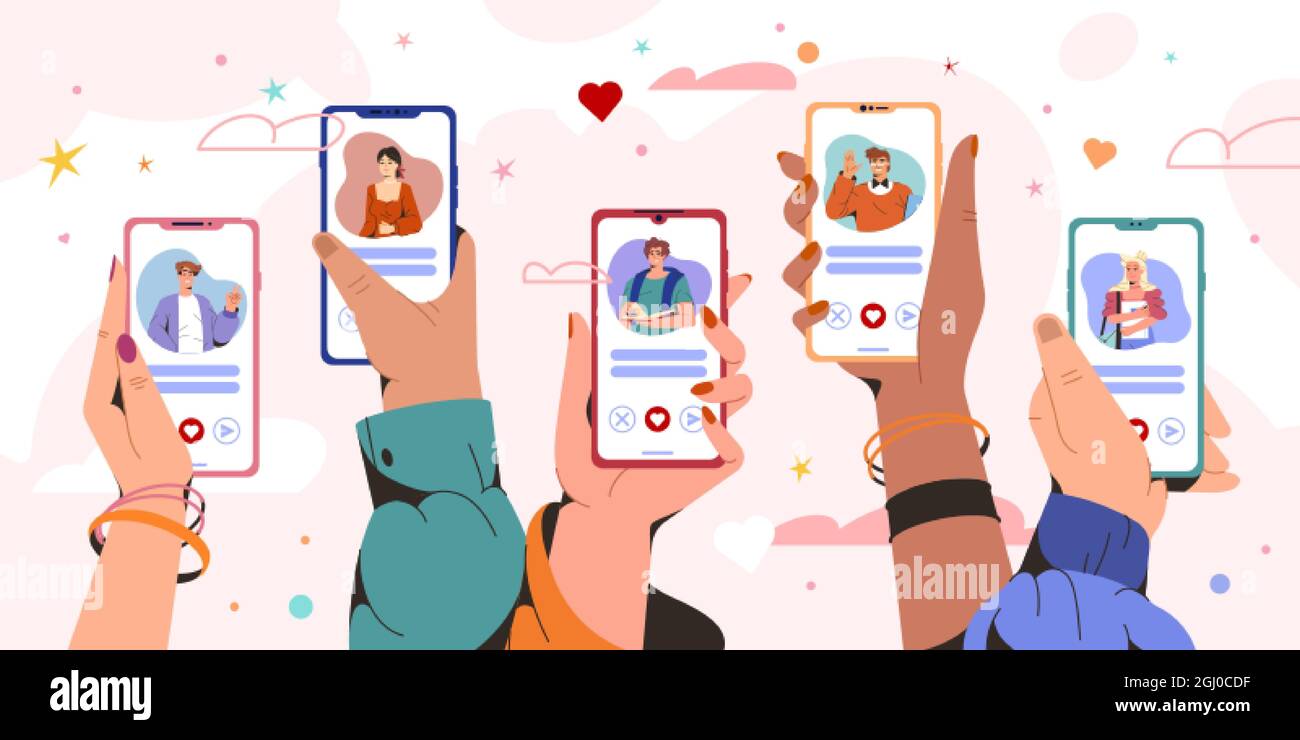 Mani piatte che tengono smartphone con profili uomo e donna. Applicazione del servizio di datazione online sullo schermo del telefono. Relazioni virtuali, comunicazione a distanza. Persone in cerca di coppia sui social network. Illustrazione Vettoriale
