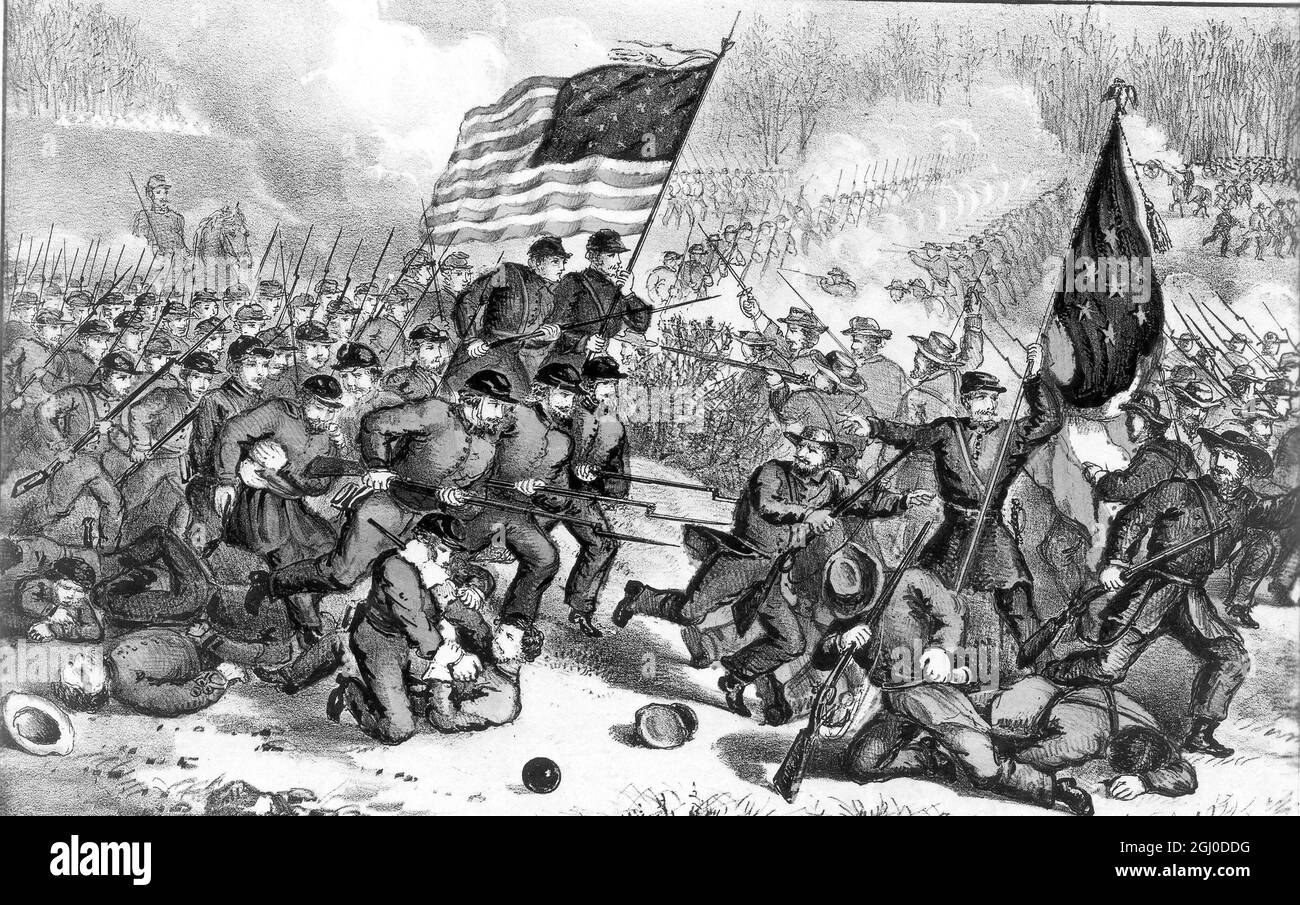 La seconda battaglia di Bull Run, combattuta il 29 agosto 1862. Tra l''Esercito di Viginia' sotto il maggiore Genarel Giovanni Papa, e le forze combinate dell'Esercito pubblico sotto Lee. Jackson e altri. Questa incredibile battaglia fu combattuta sull'identico campo di battaglia di Bull Run, e durò con grande furia, dalla luce del giorno fino a dopo il buio, quando i ribelli furono riattaccati e l'esercito dell'Unione si riposò in trionfo sul campo. Foto Stock