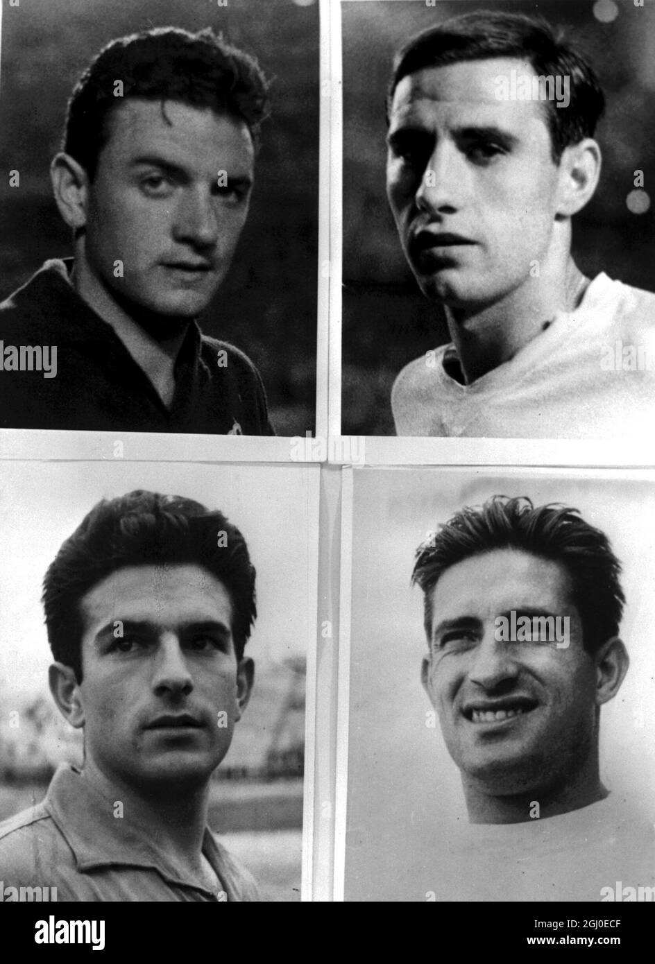 In alto a sinistra : Juan Araquistain (27) portiere del Real Madrid; in alto a destra : Felix Ruiz Gabari (21) all'interno-destra per il Real Madrid; in basso a sinistra : Feliicano Munoz Rivilla di ventisei anni a sinistra per l'Atletico De Madrid; in basso a destra: Mestre ventisei anni a destra per Valencia. 11 dicembre 1961. Foto Stock