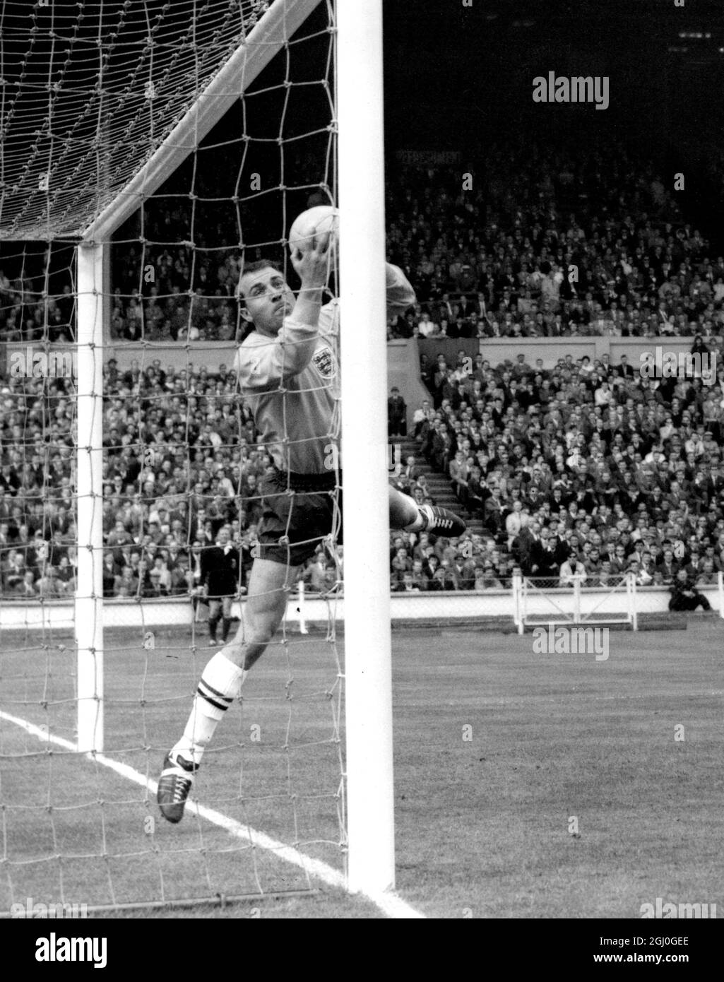 Inghilterra / Svizzera Ron Springett, il portiere inglese, raccoglie la palla da una croce di centro alto da svizzero destra-winger, Antennen. Gli svizzeri sostenevano che la palla attraversava la linea, ma i loro ricorsi sono stati respinti. 9 maggio 1962 Foto Stock