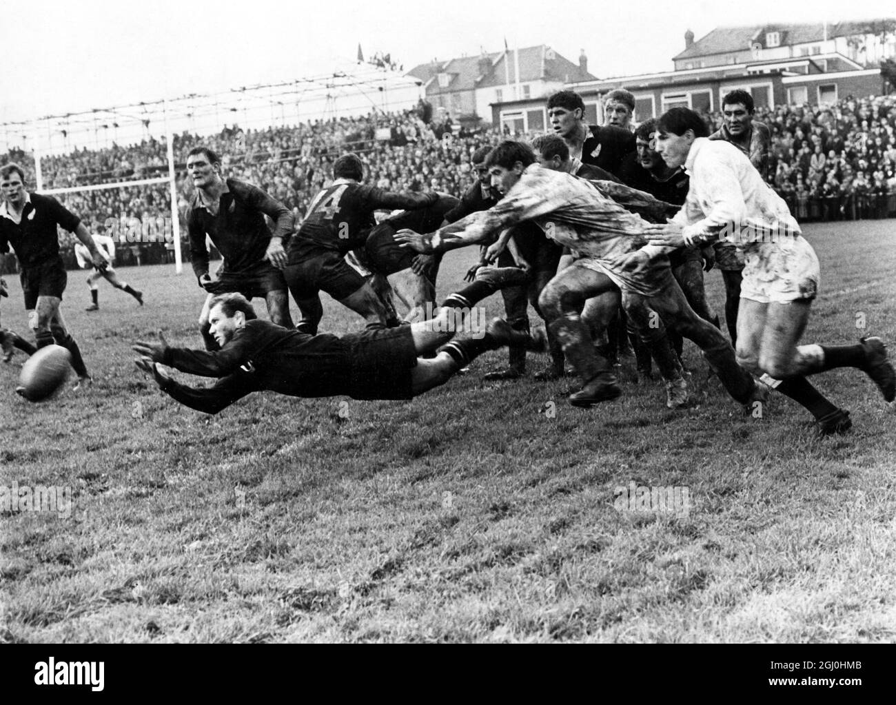 Rugby International match; New Zealand mischia metà, S.Going ottiene la palla fuori dalla mischia in una partita contro il Sud dell'Inghilterra. 1.11.1967 Foto Stock
