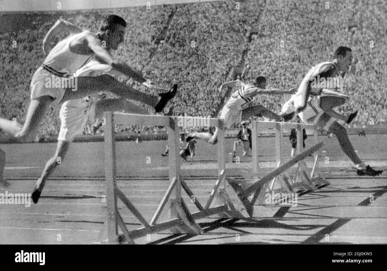 1932 Olympic Games, Los Angeles, USA 110 metri Hurdles vincitore della medaglia d'oro George Saling Stati Uniti (USA) Foto Stock