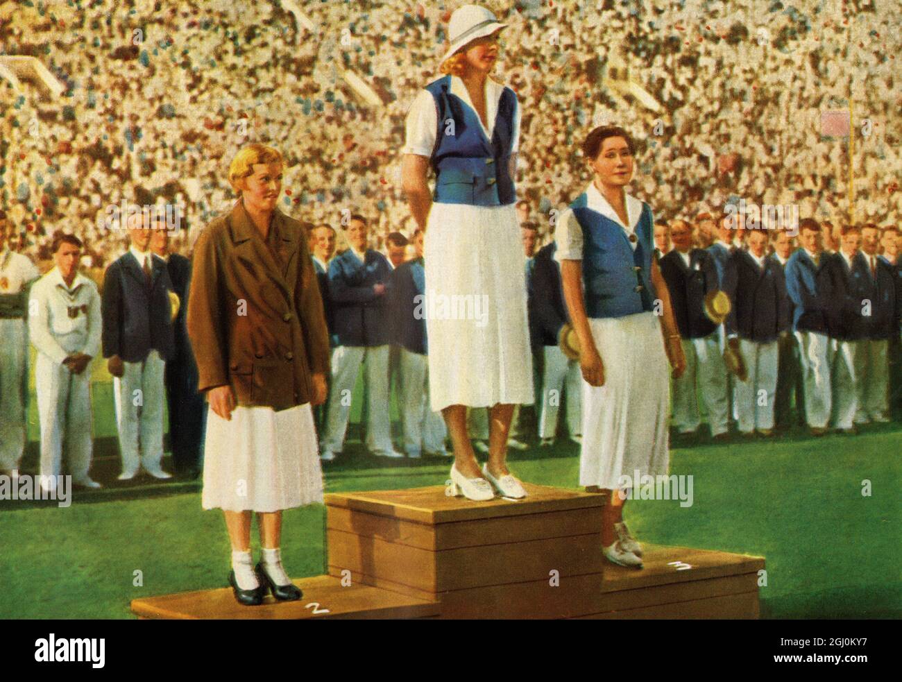 Vincitori del freestyle femminile da 100 metri: 1° - Helene Madison, USA 2° - Den Ouden, Olanda 3° - Serville, USA alle Olimpiadi estive di Los Angeles, California 1932 ufficialmente conosciute come i Giochi dell'X Olympiad Foto Stock