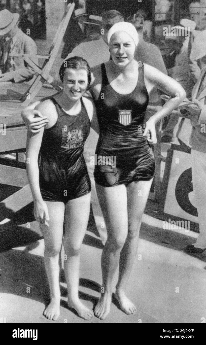 100 m Freestyle Gold per Helene Madison - Stati Uniti (USA) e Silver per Willy den Ouden Netherlands (NED) ai Giochi Olimpici del 1932 al Coliseum Stadium, Los Angeles, USA. Foto Stock