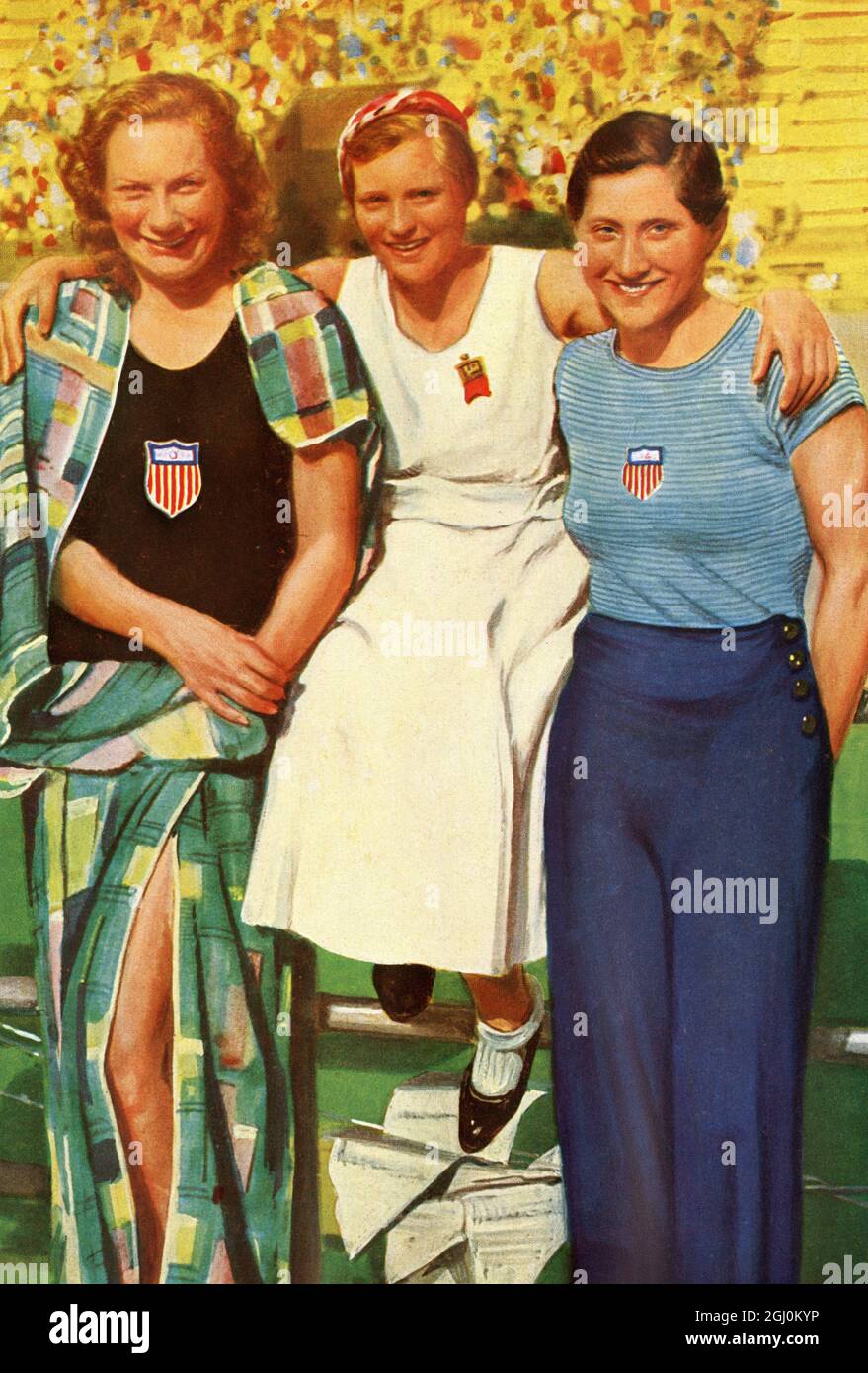 Vincitori del freestyle femminile di 100 metri in posa informale: 1 - Helene Madison, USA 2 - Den Ouden, Olanda 3 - Serville, USA alle Olimpiadi estive a Los Angeles, California 1932 ufficialmente conosciuto come i Giochi della X Olympiad Foto Stock