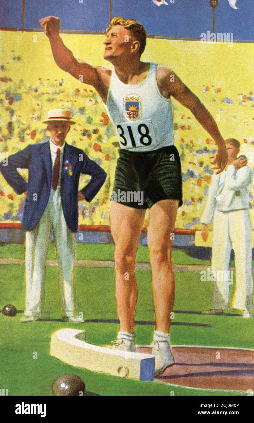 Il colpo: Janis Dimsa (Lettonia) alle Olimpiadi estive a Los Angeles, California 1932 ufficialmente conosciuto come i Giochi della X Olympiad Foto Stock