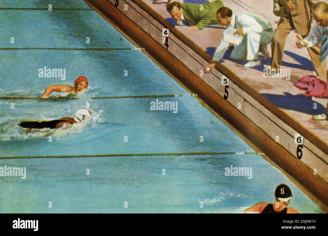 Helene Madison (USA) vincendo il freestyle femminile di 100 metri alle Olimpiadi estive a Los Angeles, California 1932 ufficialmente conosciuto come i Giochi della X Olympiad Foto Stock