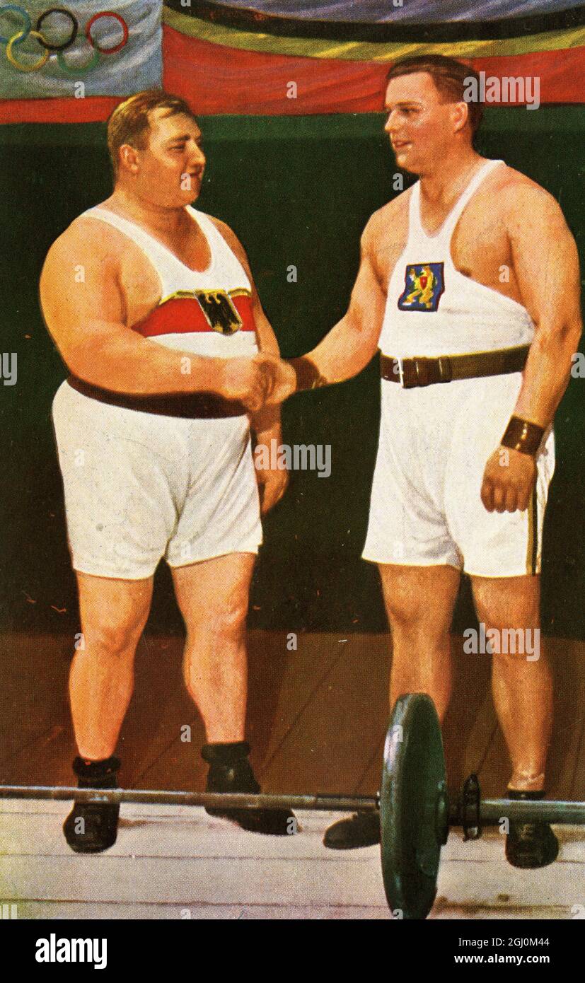 Sollevamento pesi: Jaroslaw Skobla (ceco), congratulazioni da Strasberger di Germania alle Olimpiadi estive a Los Angeles, California 1932 Foto Stock