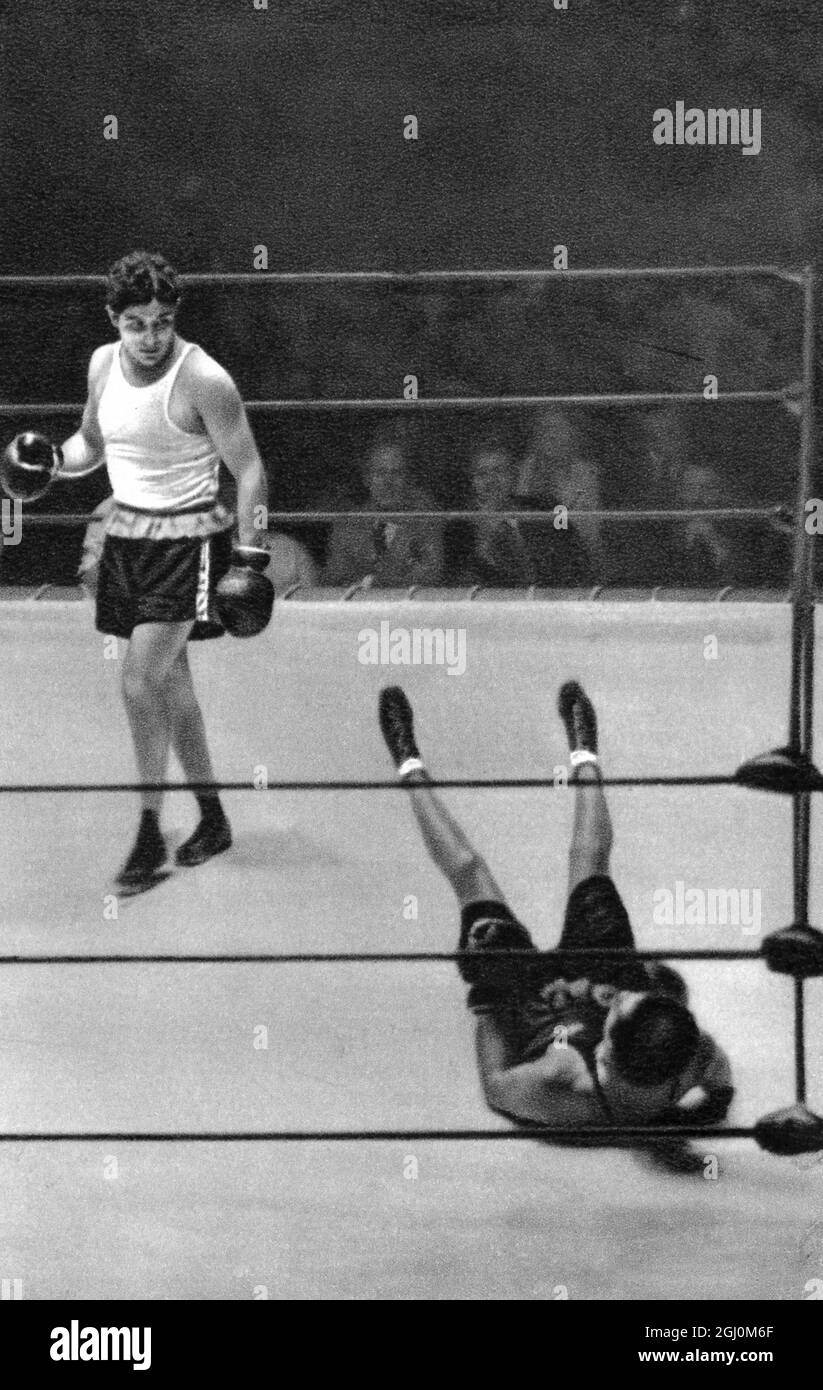 Boxers Middleweight 1932 Olympic Games, Los Angeles, USA, Middleweight Boxers Amado Azar, per l'Argentina e Aldo Longinotti per l'Italia Foto Stock
