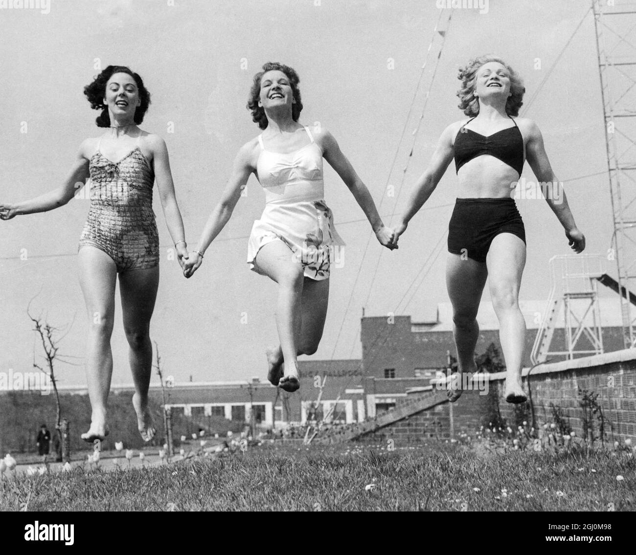 Tre bellezze balneari al Butlin's Holiday Camp Filey 1950 Yorkshire Foto Stock