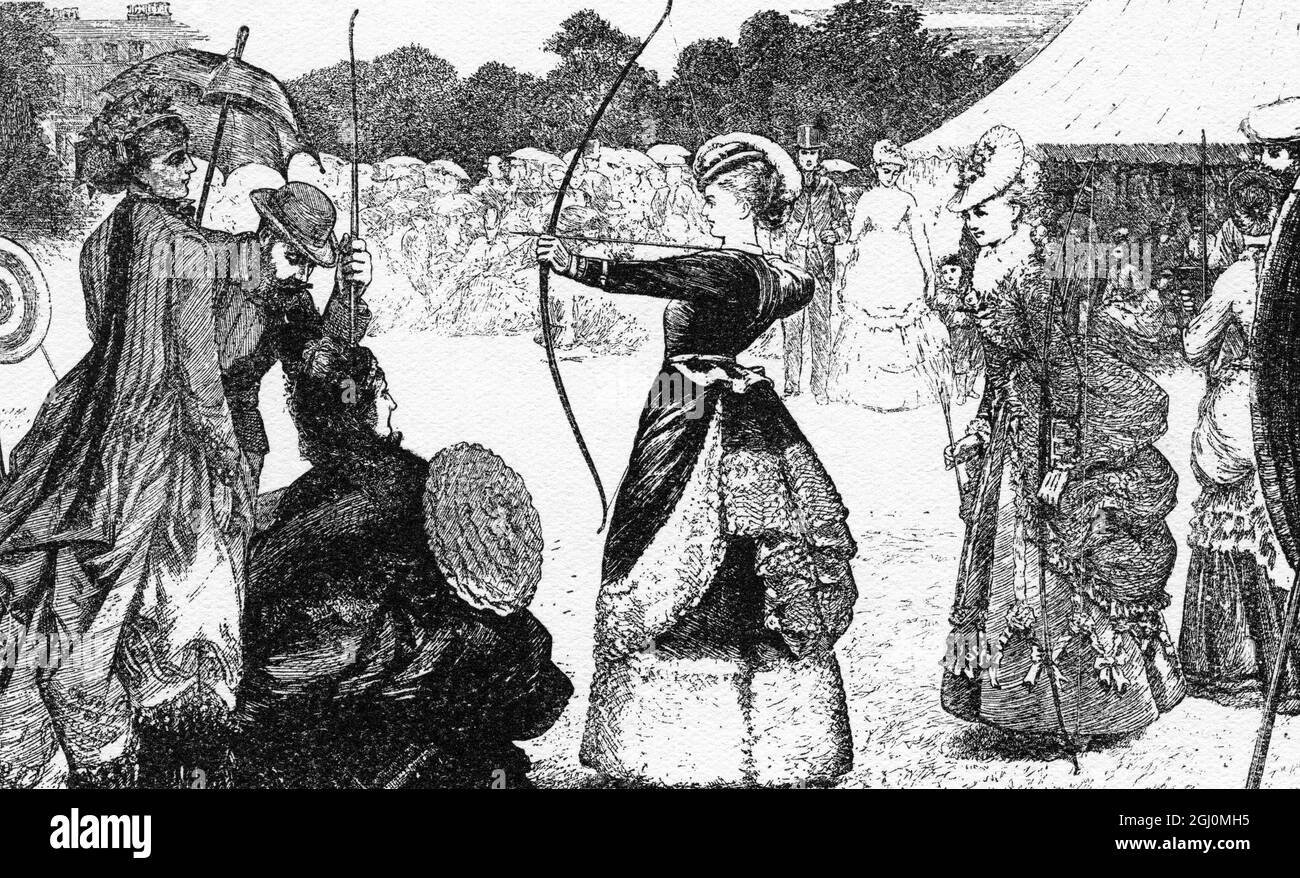 Il Grand National Archery Meeting a Leamington la sparatoria alle arbusti era insolitamente buona e possiamo notare che la signora Horniblow era la campionessa , mentre il signor Fisher era a capo dei signori . Abbiamo raffigurato la " Regina della Rosa del Giardino delle Ragazze " prendendo lo scopo . Qualunque esecuzione abbia fatto con le frecce , deve aver fatto molto di più con i suoi occhi . 1882 Foto Stock