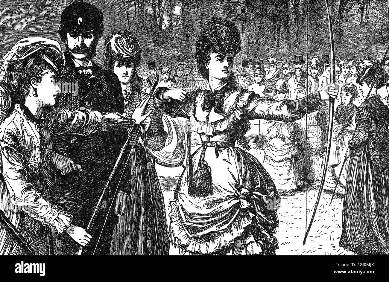 Leale Toxophilites il tiro con l' arco disciplina l' occhio , rinforza i muscoli e impartisce un carrozza grazioso . Una volta all'anno le Signore della Royal Toxophilite Society hanno una partita a se stesse. Non sono ammessi signori, ad eccezione degli esseri privilegiati, in stile Captains of the targets 1870 Foto Stock