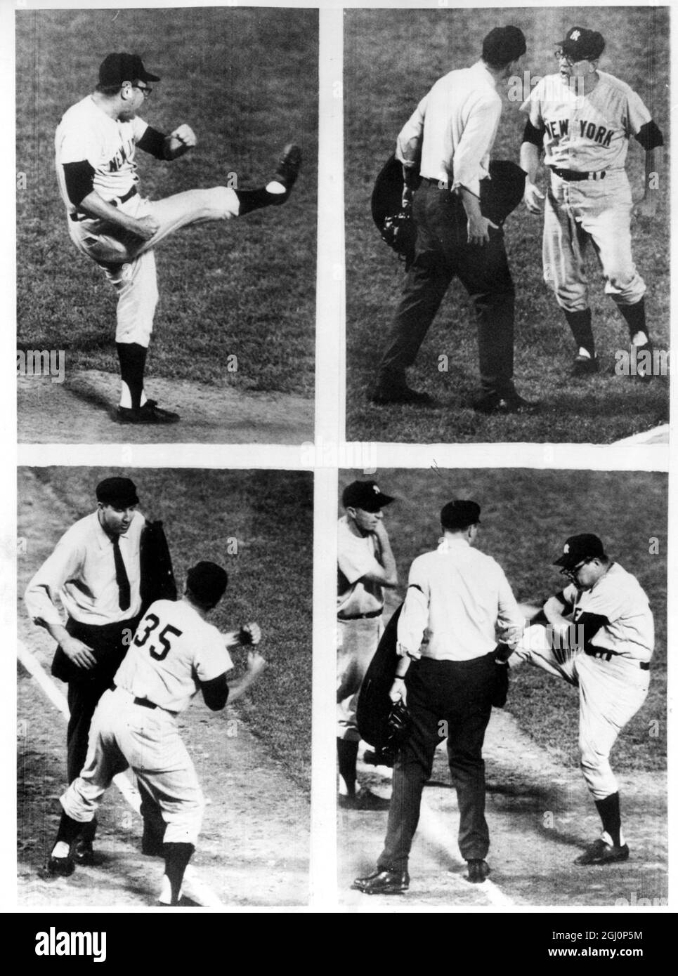 Ralph Houk, manager di New York Yankees, sostiene con l'umpire Bill Haller ridendo e l'interferenza chiamata foto Bill Monbouquette nel 5 ° inning del gioco contro i Washington Senators. 2 luglio 1968 Foto Stock