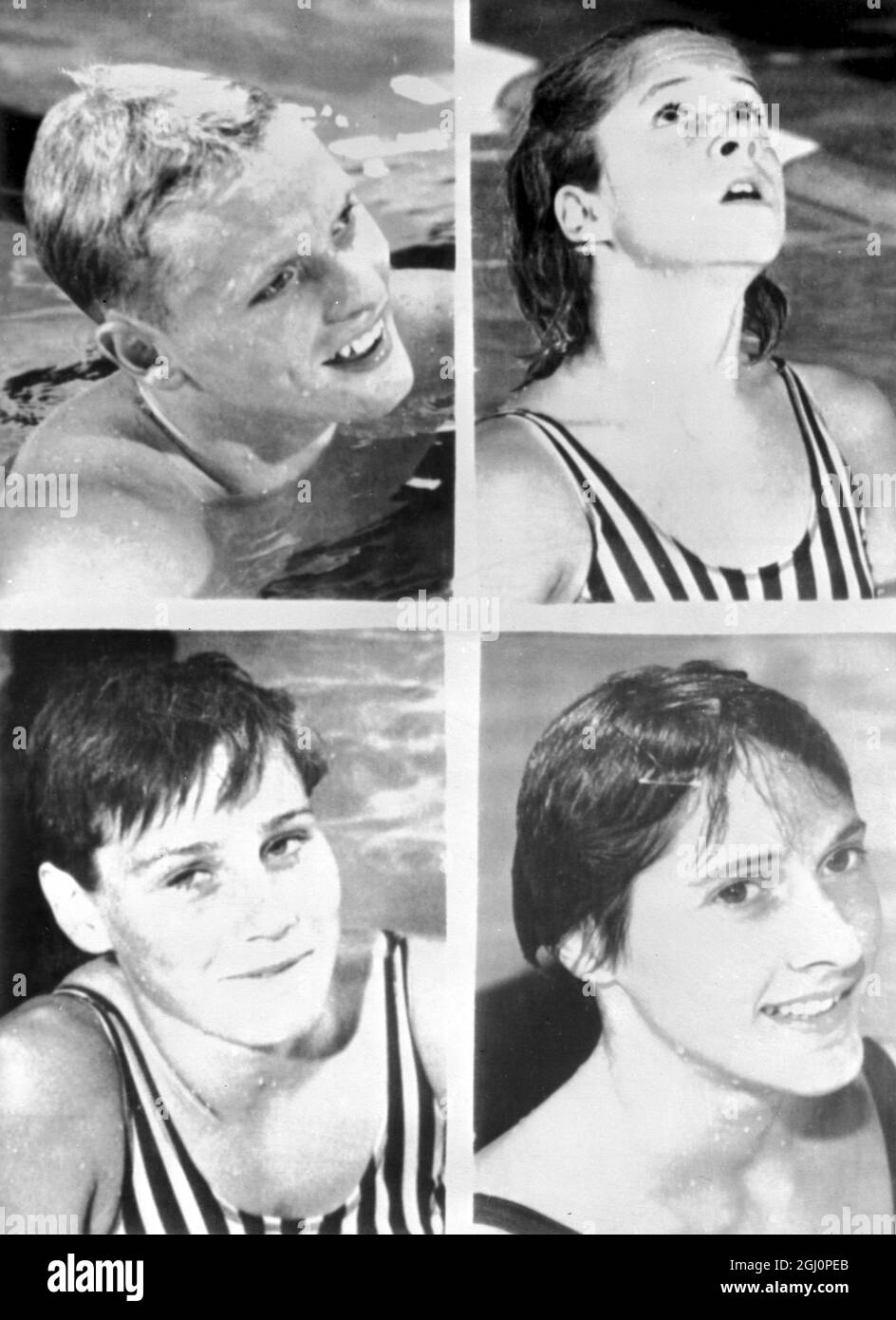 Tre record del mondo sono stati rovesciati e uno ha eguagliato nel primo giorno dei campionati nazionali Amateur Athletic Union Swimming and Diving del 1966 a Lincoln , Nebraska . In alto a sinistra: Il campione olimpico Don Schollander degli Stati Uniti ha vinto il Freestyle maschile di 400 metri , in basso a sinistra: Karen Muir del Sudafrica , ha stabilito un record nel backstroke di 200 metri ; In alto a destra Katie Ball, di 14 anni, ha vinto il backstroke di 100 metri e in basso a destra Martha Randall ha eguagliato il suo record mondiale freestyle di 400 metri . 19 agosto 1966 Foto Stock