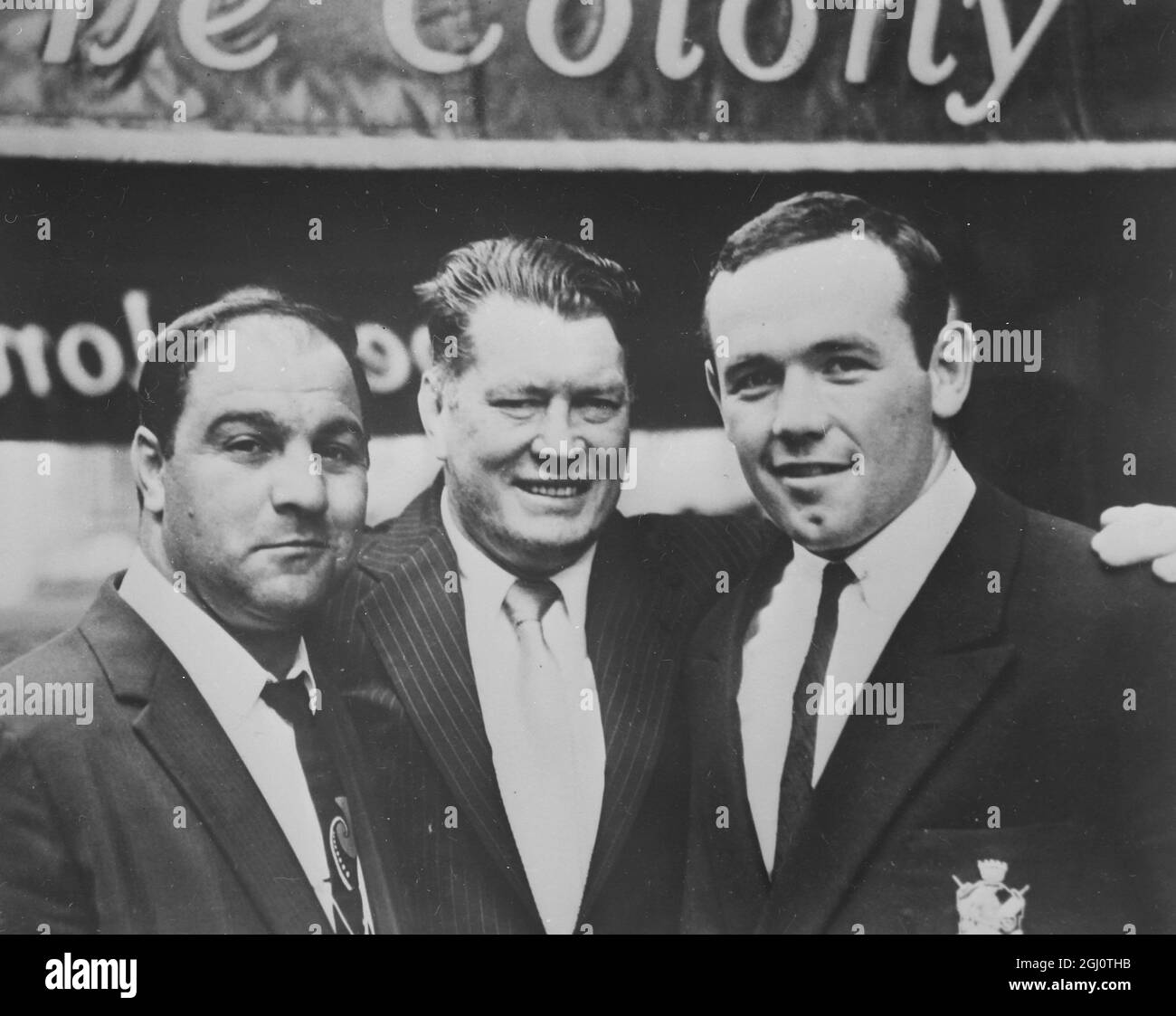 WORLD HEAVYWEIGHT BOXING CHAMPIONS GENE TUNNEY CON ROCKY MARCIANO E INGEMAR JOHANSSON 5 APRILE 1960 Foto Stock