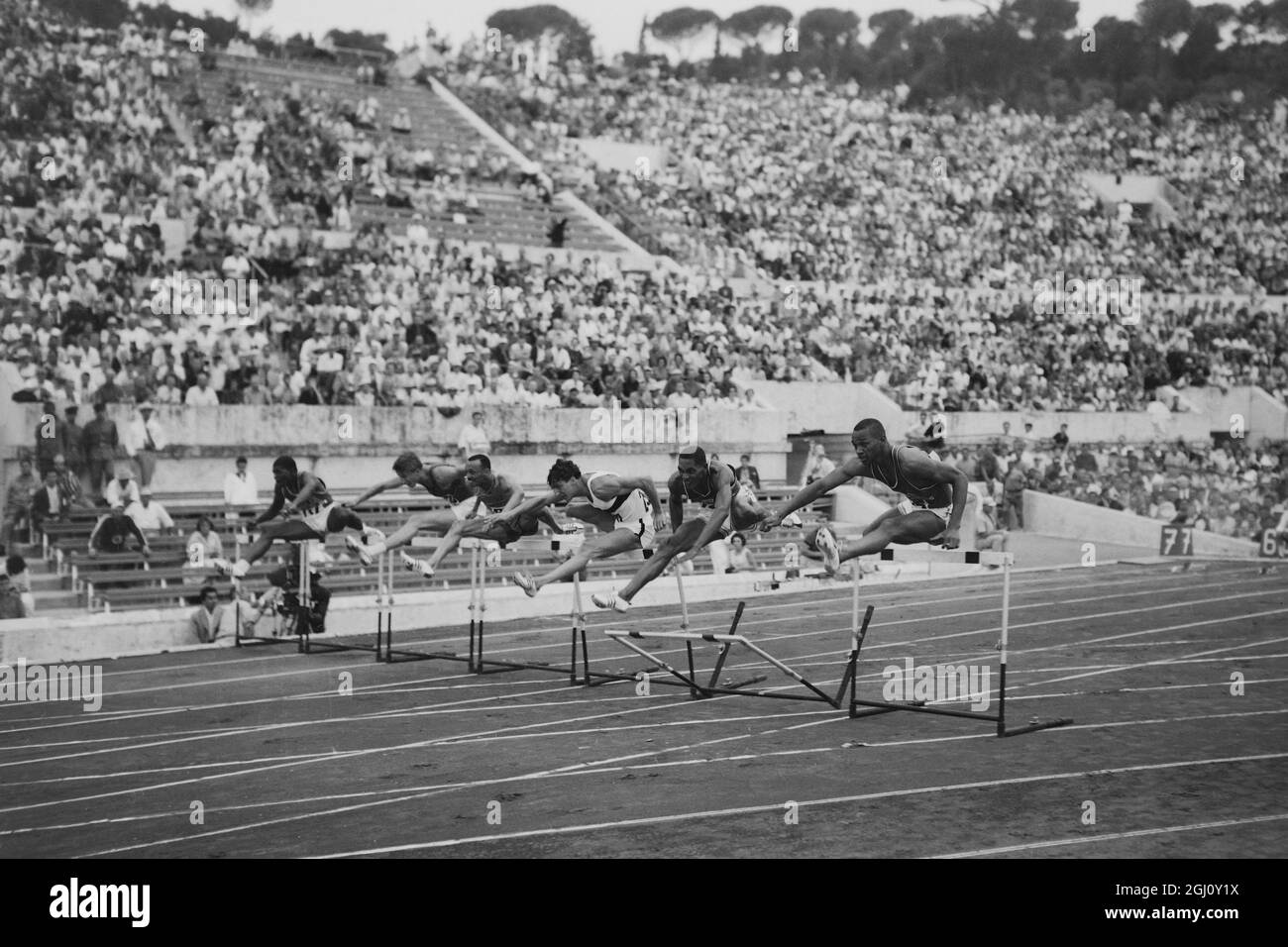 GIOCO OLIMPICO OSTACOLI 110M UOMINI FINALE CALHOUN MAGGIO JONES AL 1 ° 6 SETTEMBRE 1960 Foto Stock