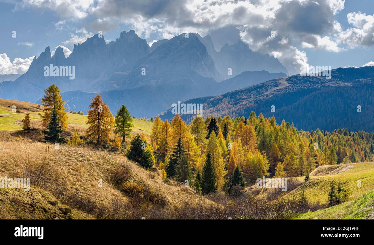 Vista verso pale di San Martino, catena montuosa Focobon, nelle Dolomiti del Trentino, vista dall'alpe Fuciade nella Marmolada meridionale. Italia. Foto Stock