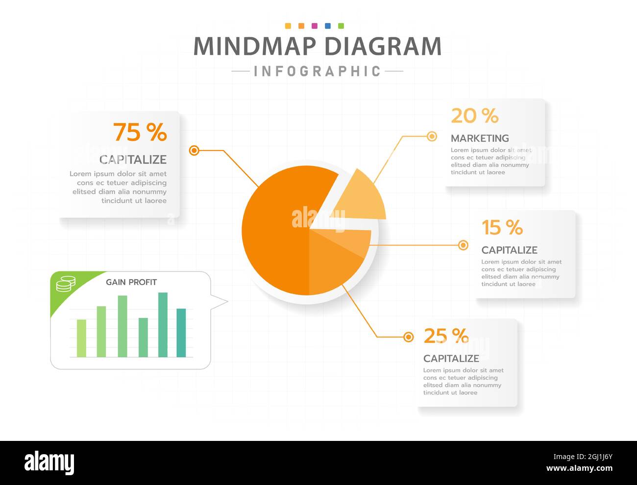 Modello infografico per le aziende. 5 punti moderno diagramma di mindmap con grafico di profitto, infografica vettoriale di presentazione. Illustrazione Vettoriale