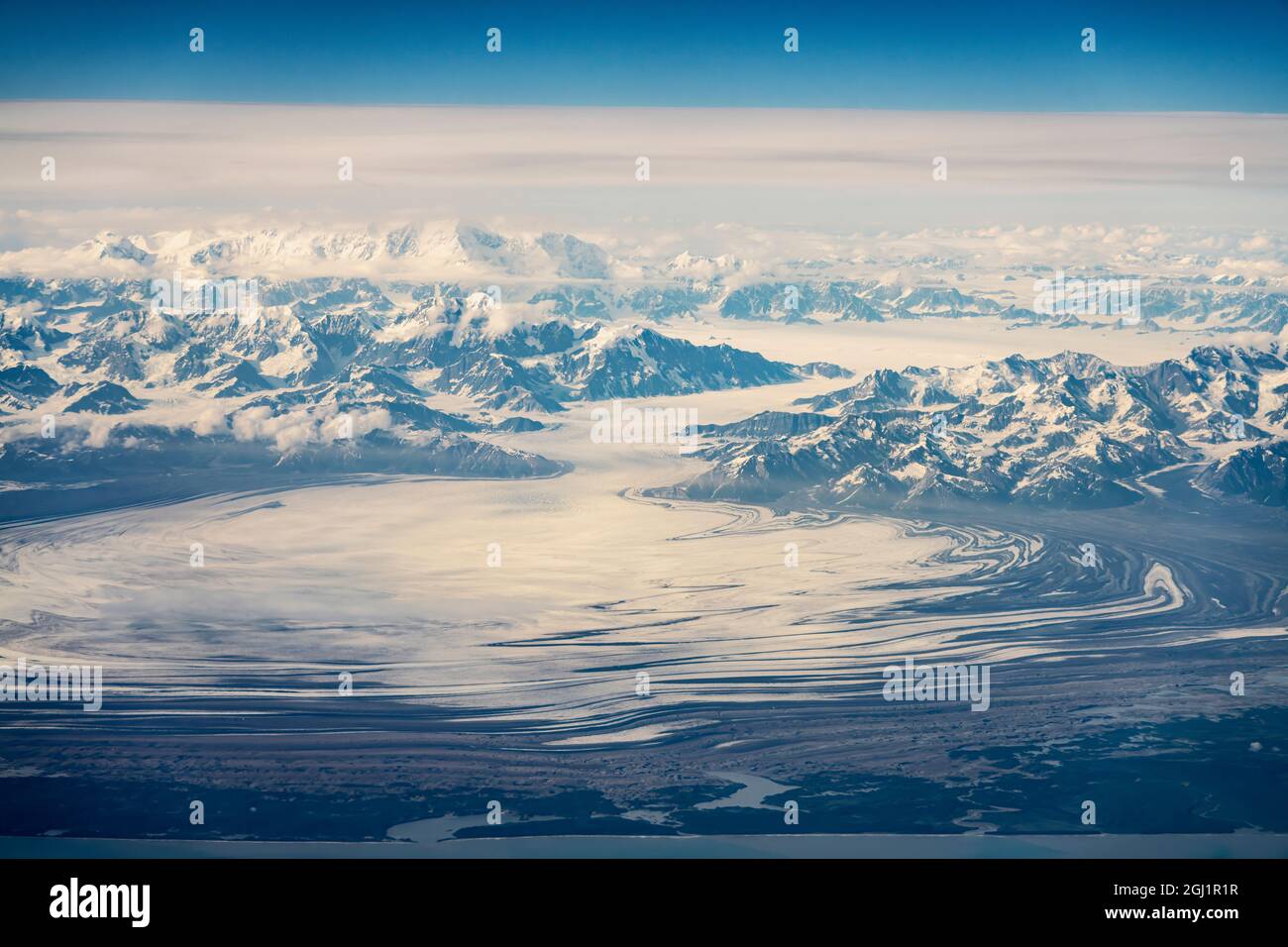 USA, Alaska, catena montuosa di Chugach. Veduta aerea delle montagne e del Ghiacciaio Malaspina. Foto Stock