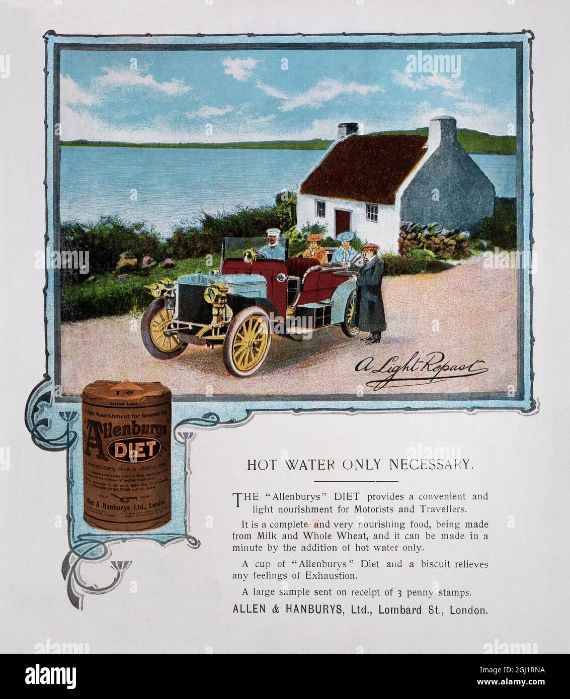 Una pubblicità stampa dei primi anni del XX secolo per Allenbury's Diet, un alimento leggero per i viaggiatori Foto Stock