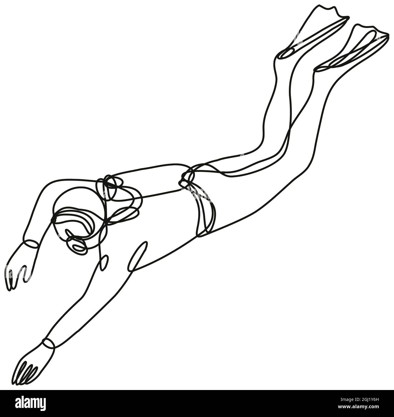 Illustrazione di un subacqueo in linea continua che si tuffa in linea singola o in stile doodle in bianco e nero su sfondo isolato. Foto Stock