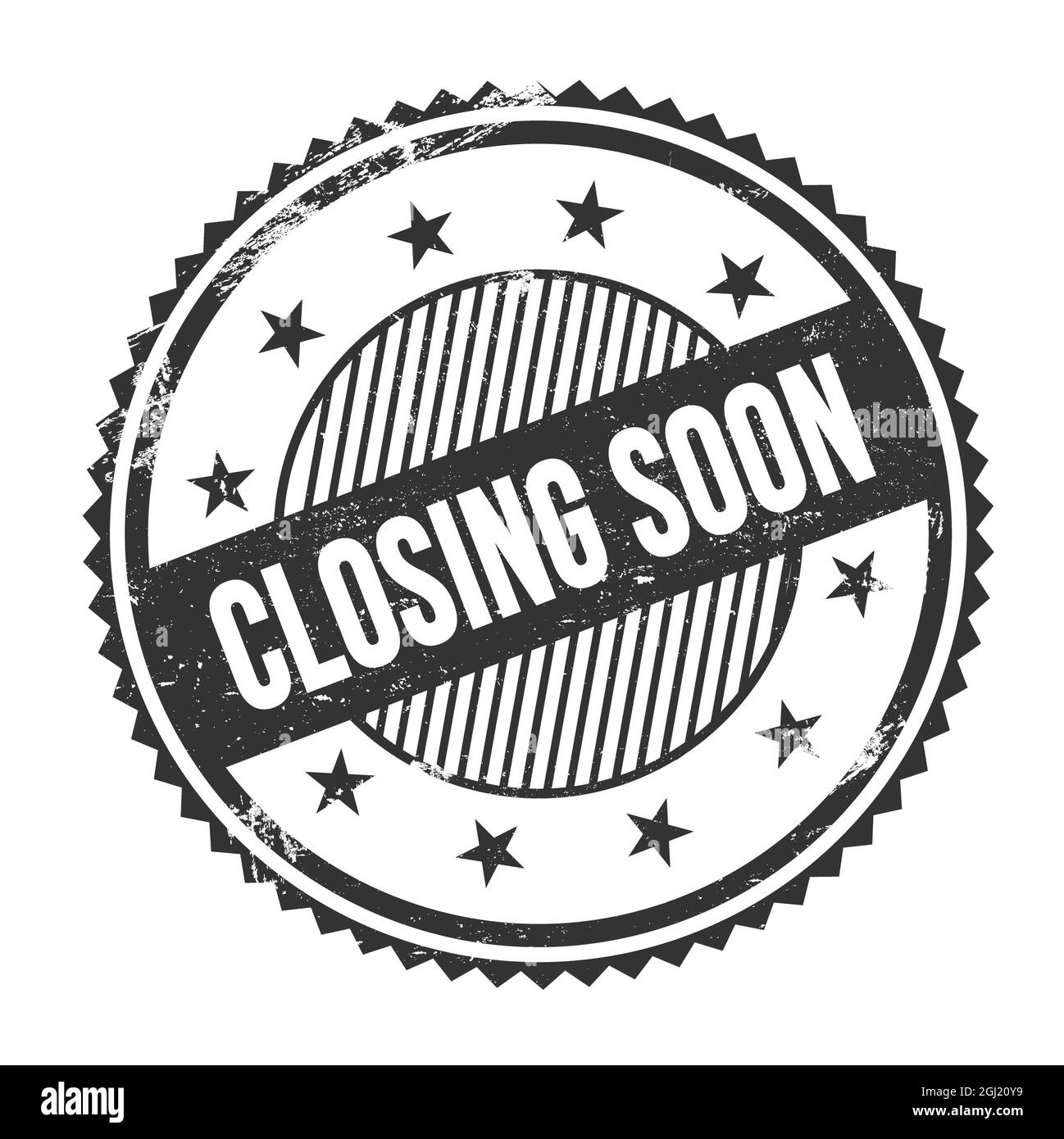 CHIUSURA PRESTO testo scritto su nero grungy zig zag bordi rotondo timbro. Foto Stock