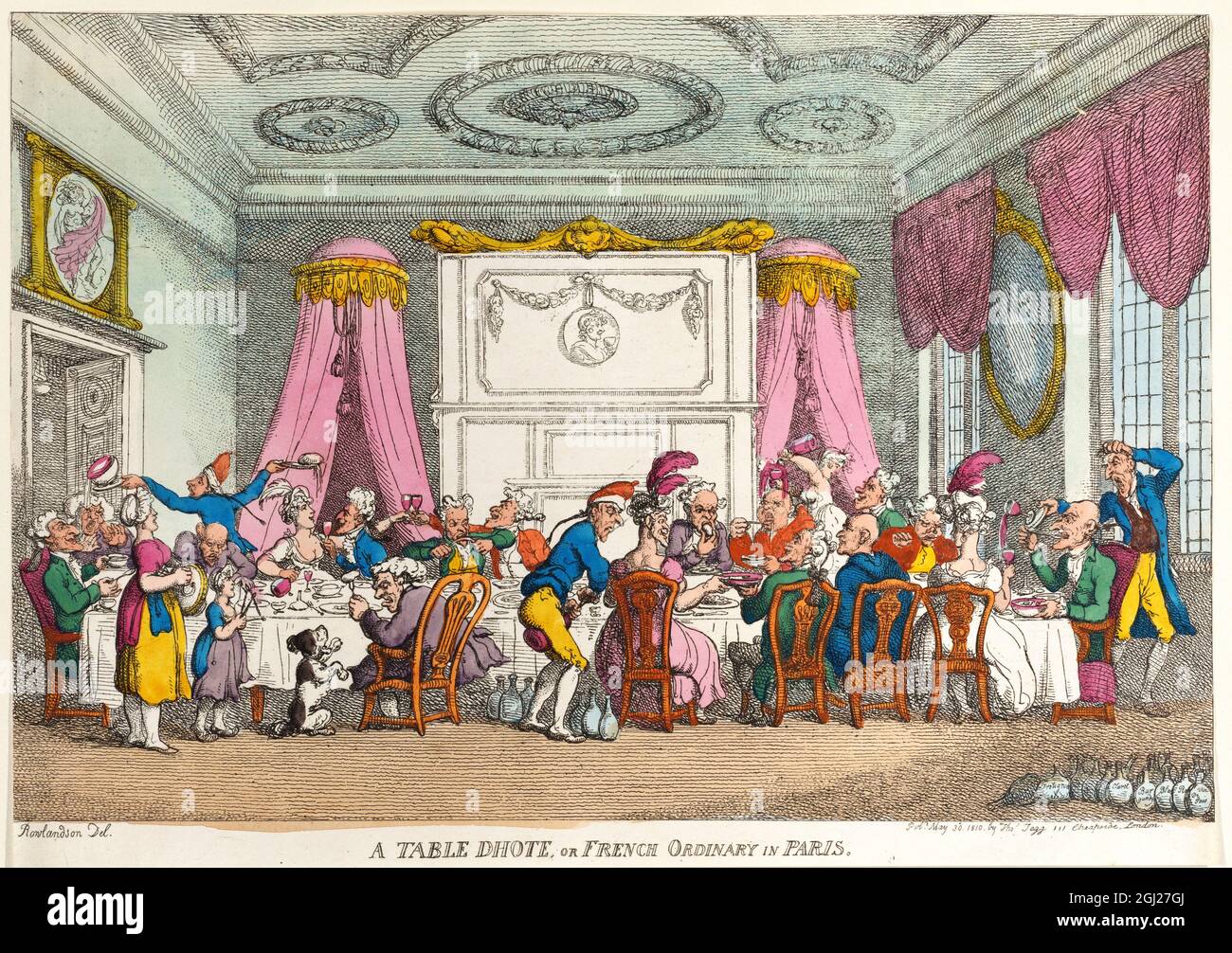 A Table d’Hote o Ordinario francese a Parigi 1810 artista: Thomas Rowlandson (1756-1827) artista e caricaturista inglese dell’epoca georgiana. Osservatore sociale, è stato un artista prolifico e tipografo. Credit: Thomas Rowlandson/Alamy Foto Stock