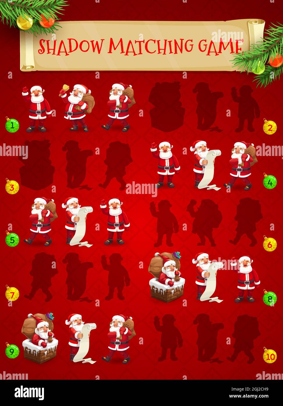 Gioco di Natale di corrispondenza ombra con cartoon vettore Babbo Natale. Puzzle per bambini, indovinello logico o modello di foglio di lavoro per l'istruzione, trovare la silhoue corretta Illustrazione Vettoriale