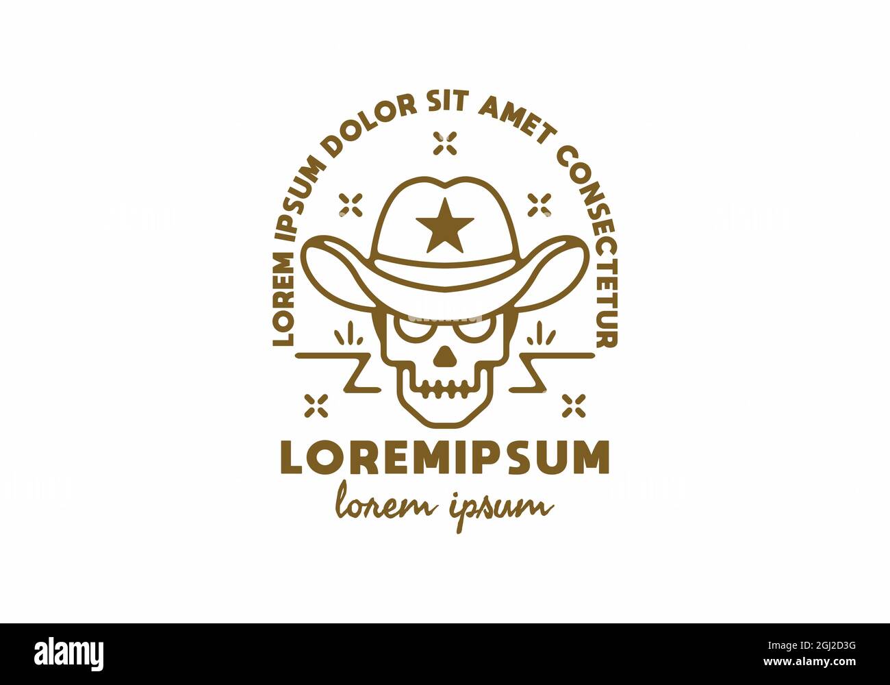 Il cranio di Cowboy linea l'arte con il disegno di testo di lorem ipsum Illustrazione Vettoriale